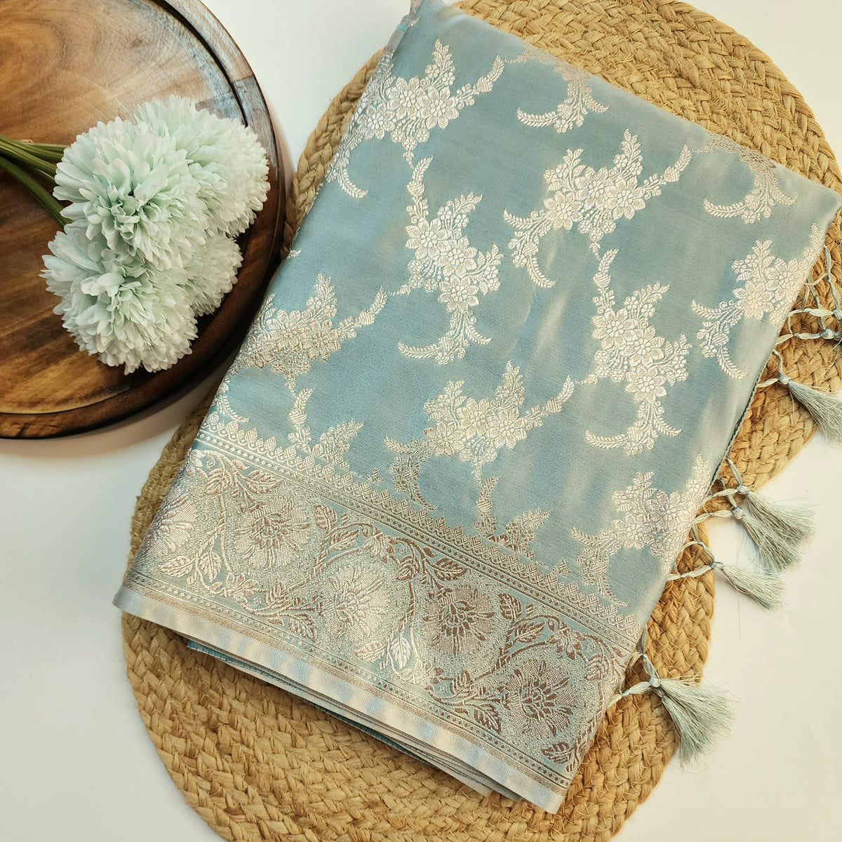 Dusty Blue Banarasi Katan Silk Saree with Floral Vine Jaal