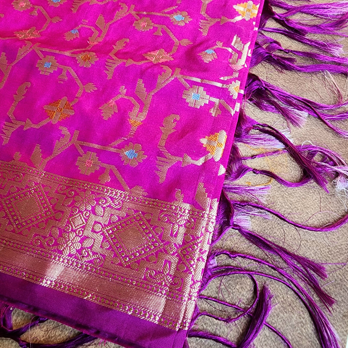 Golden Grid Banarasi Silk Dupatta with Meenakari Work in Wine