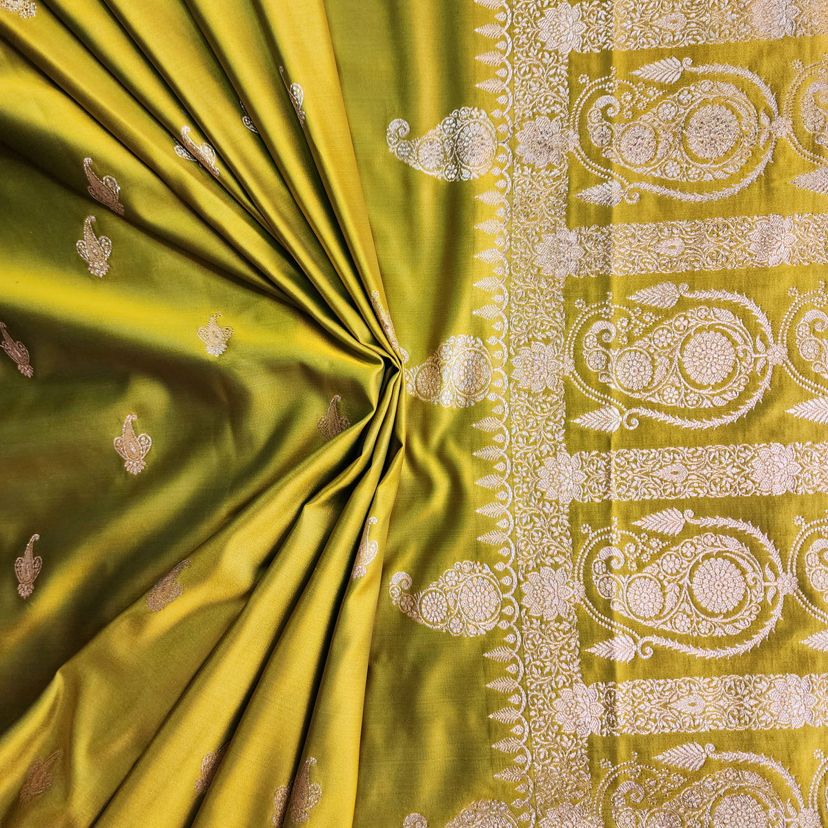 Lime Green Paisley Katan Silk Saree with Gold Zari