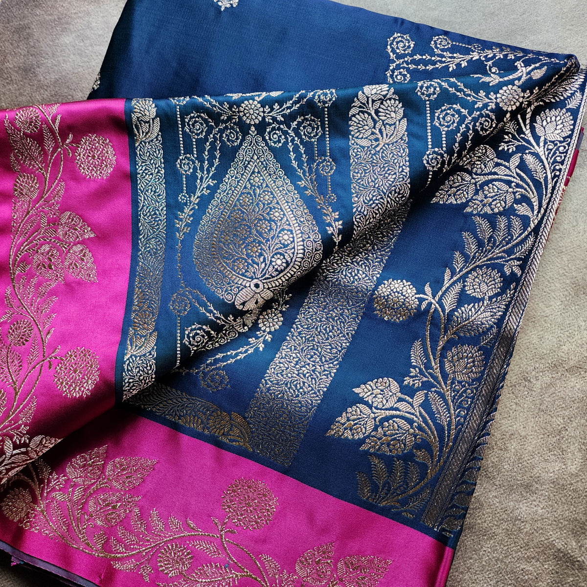 Midnight Blue Pure Banarasi Katan Silk Saree with Rani Pink Border