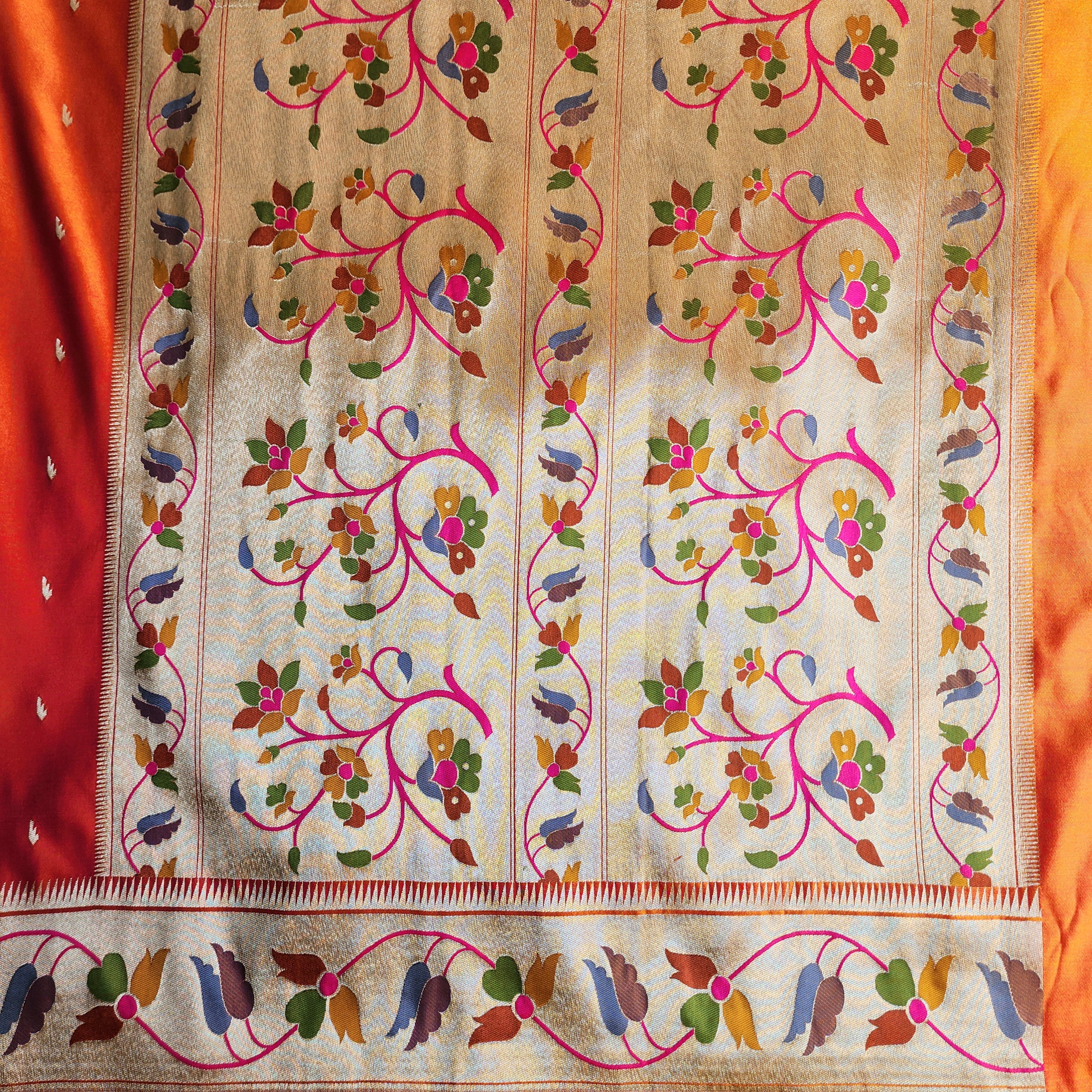 Raahi - Bright Orange Paithani Silk Saree with Stitched Blouse