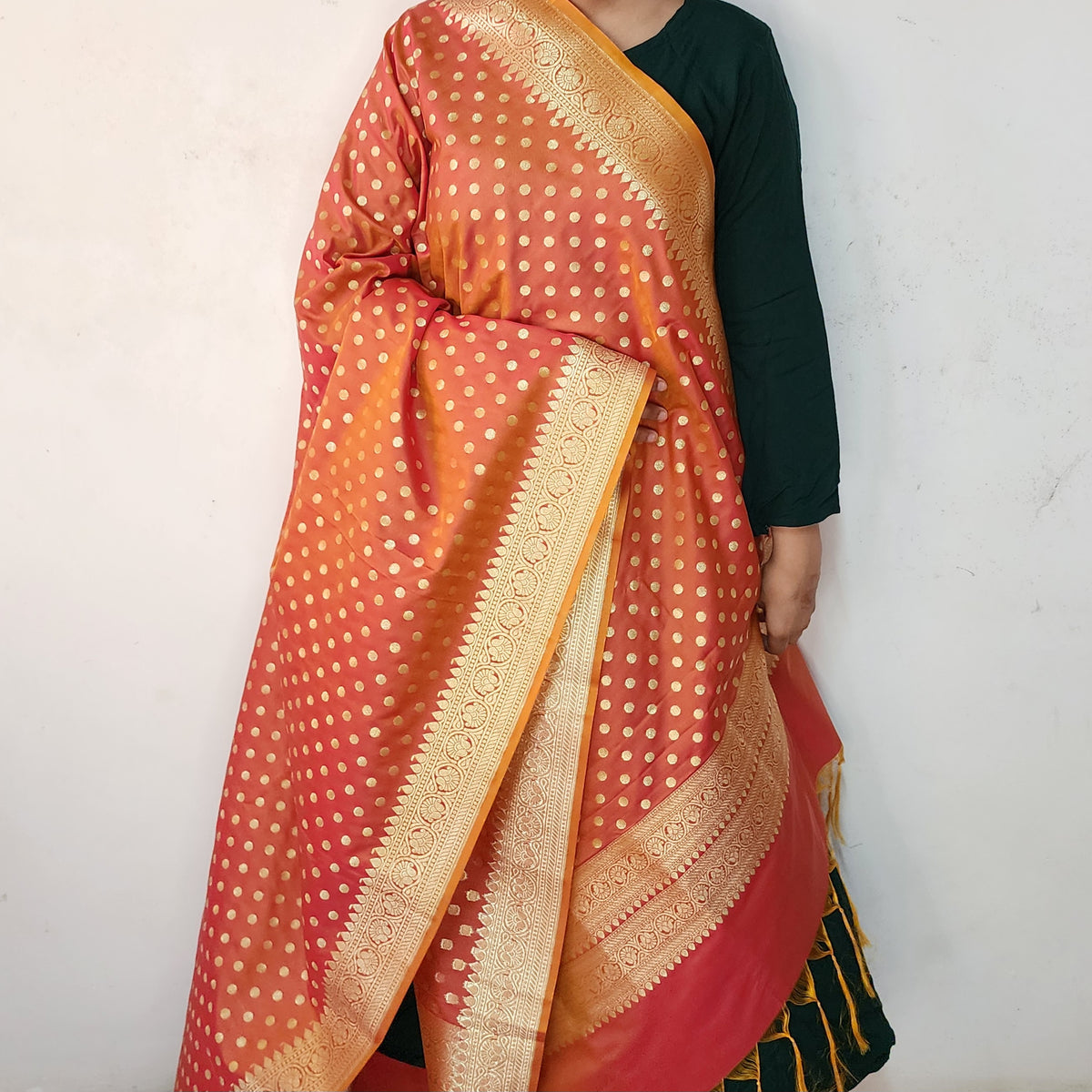 Peach Orange Banarasi Silk Dupatta with Gold Polka Dot