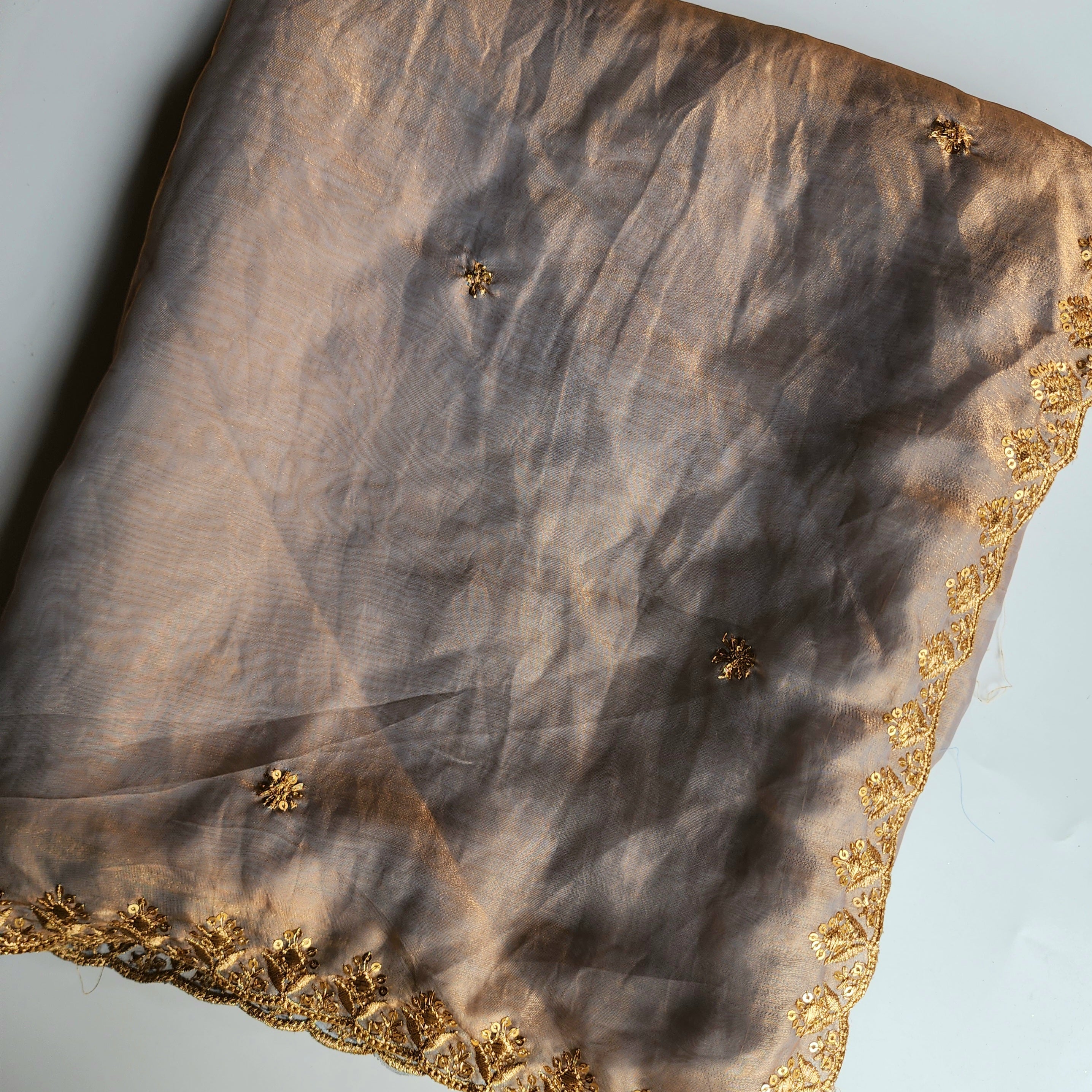 Smoky Taupe Gold Designer Tissue Silk Saree