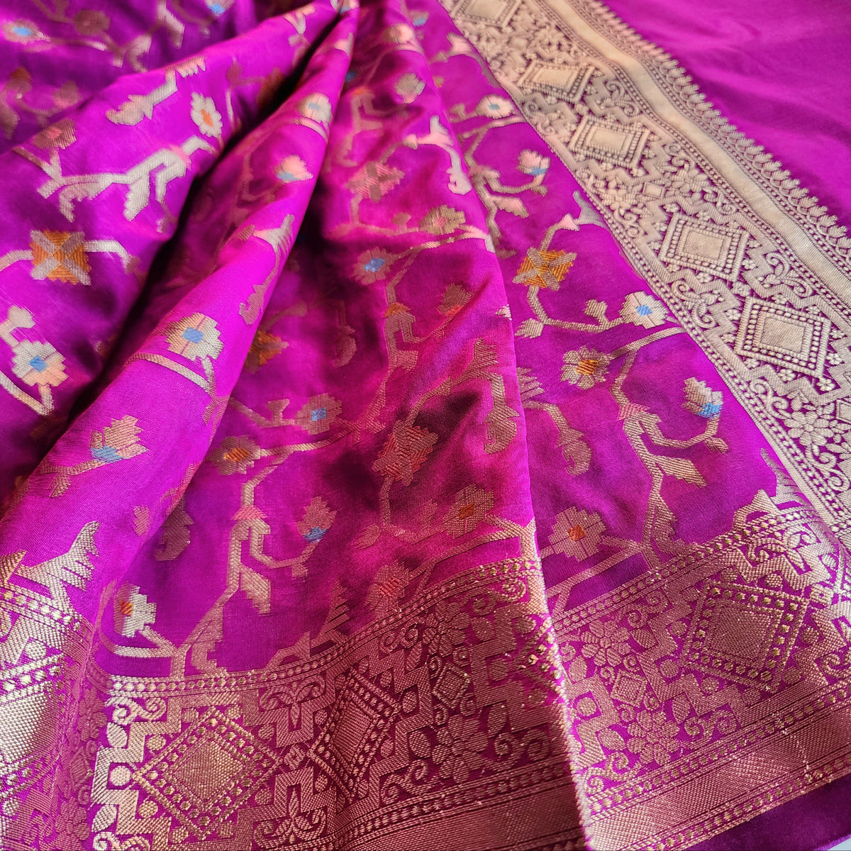 Golden Grid Banarasi Silk Dupatta with Meenakari Work in Wine