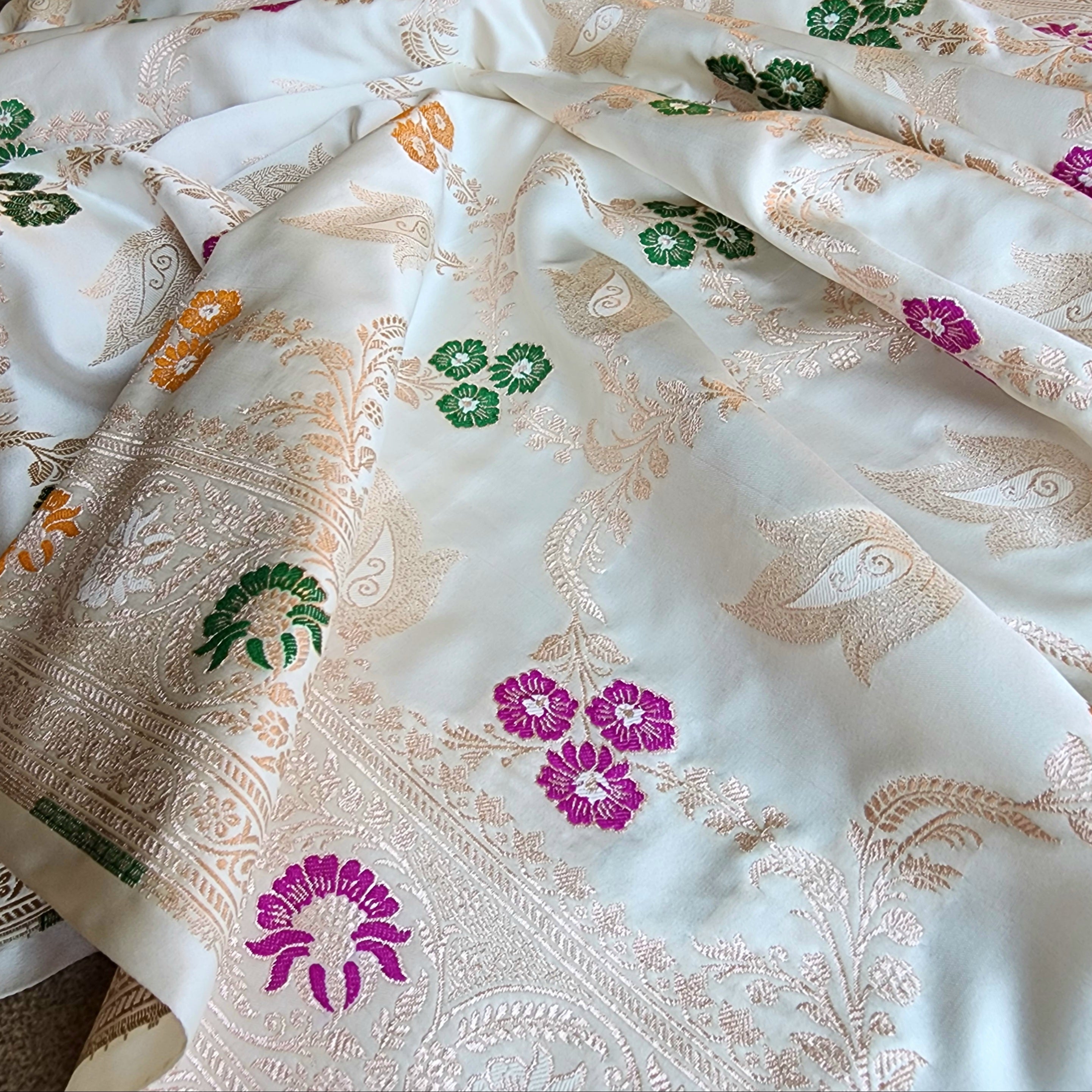 Enriched White Banarasi Katan Silk Saree with Multicolor Meenakari Floral Jaal
