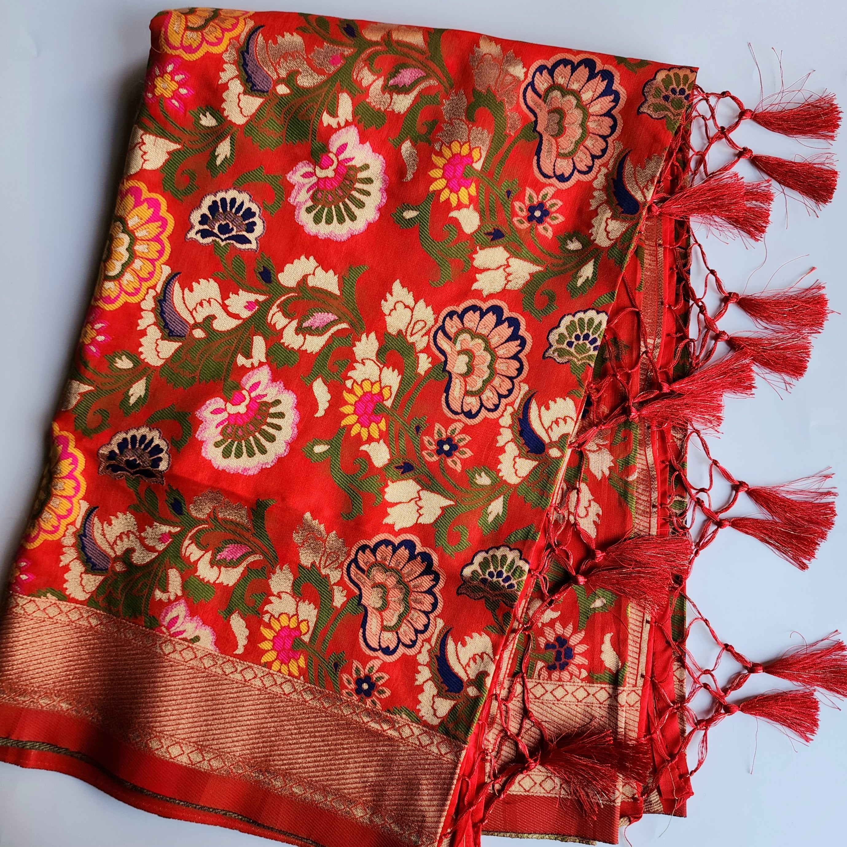 Banarasi Silk Bridal Red Dupatta with Multicolor & Gold Floral Handweaving
