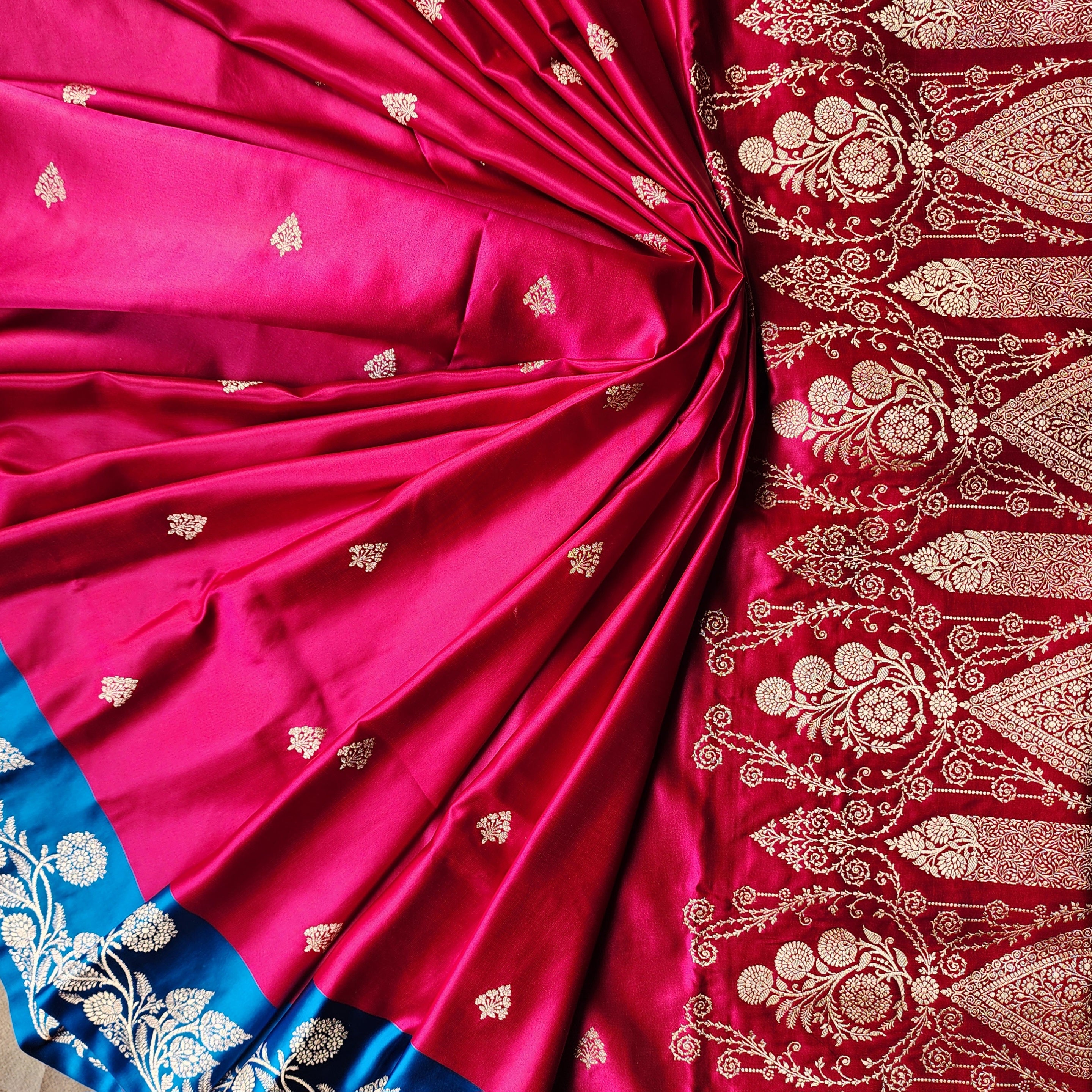 Rani Red Pure Banarasi Katan Silk Saree with Cobalt Blue Border