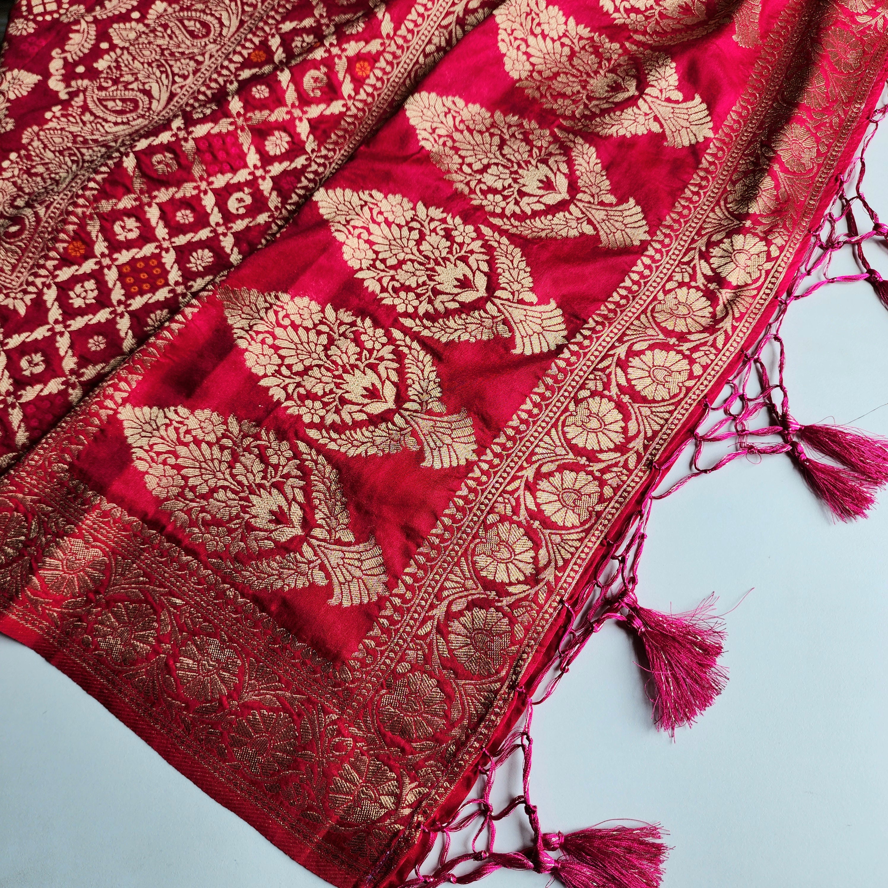 Wine Magenta Bandhani Dupatta with Floral and Geometric Zari Weave