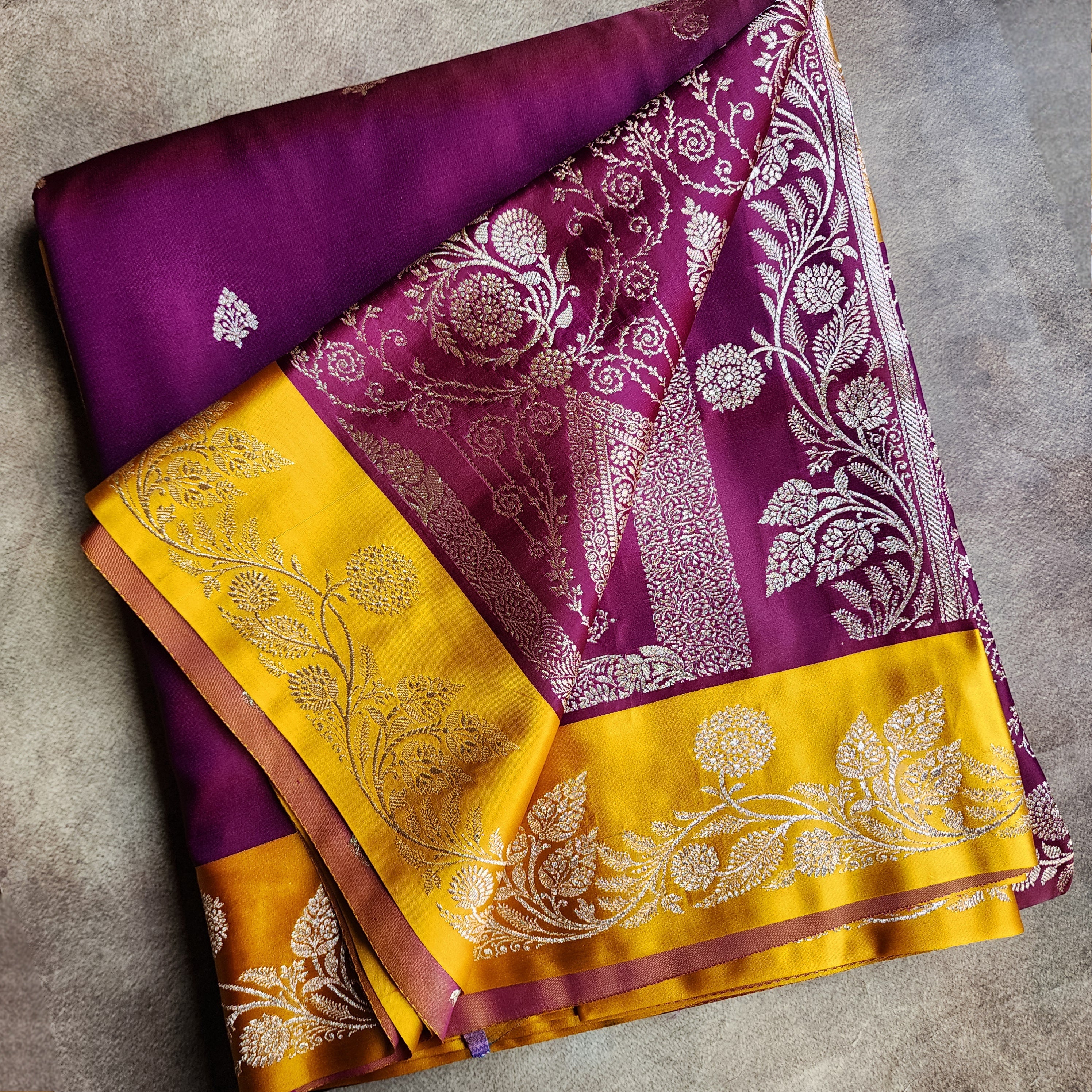 Wine Maroon Pure Banarasi Katan Silk Saree with Mustard Yellow Border