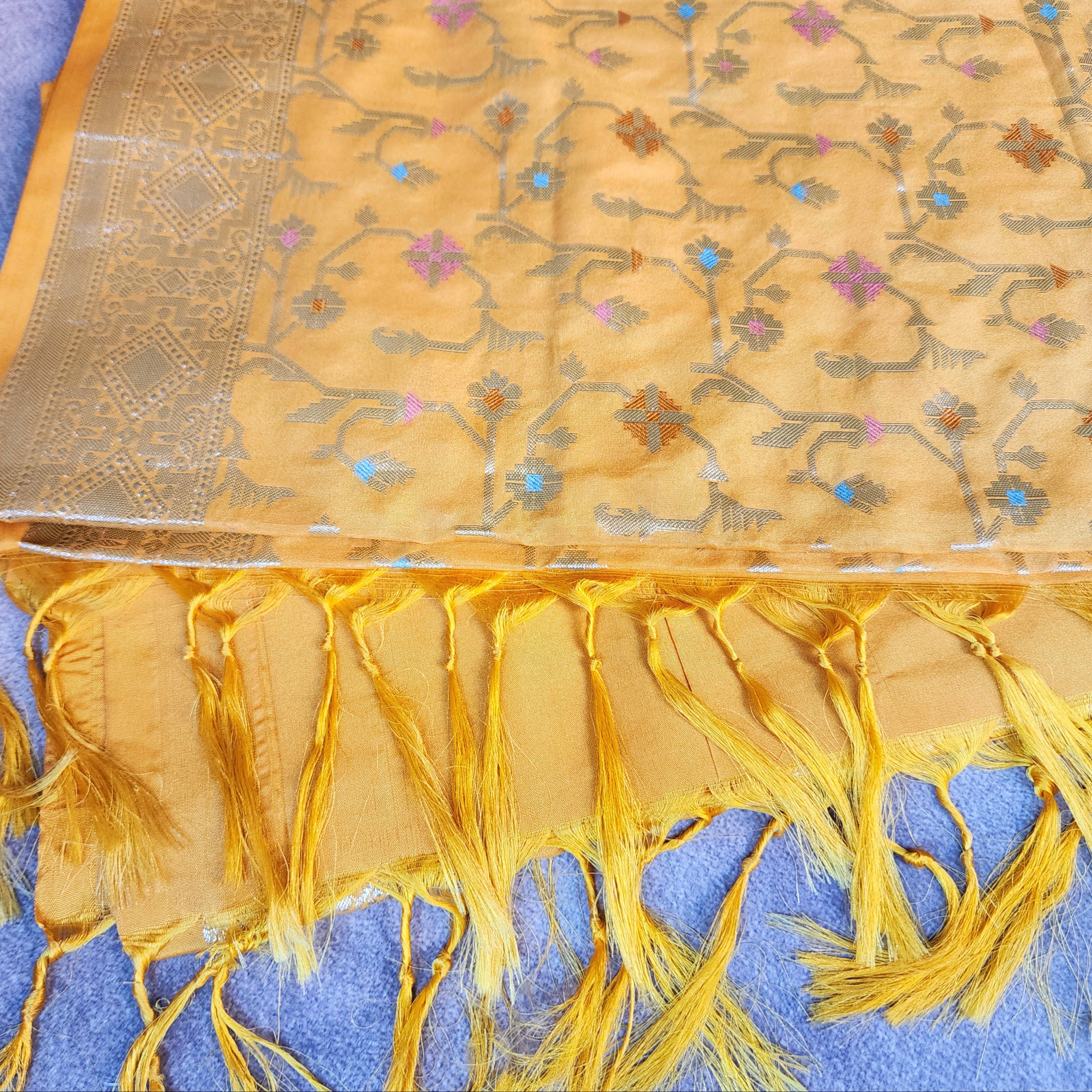 Golden Grid Banarasi Silk Dupatta with Meenakari Work in Mustard Yellow