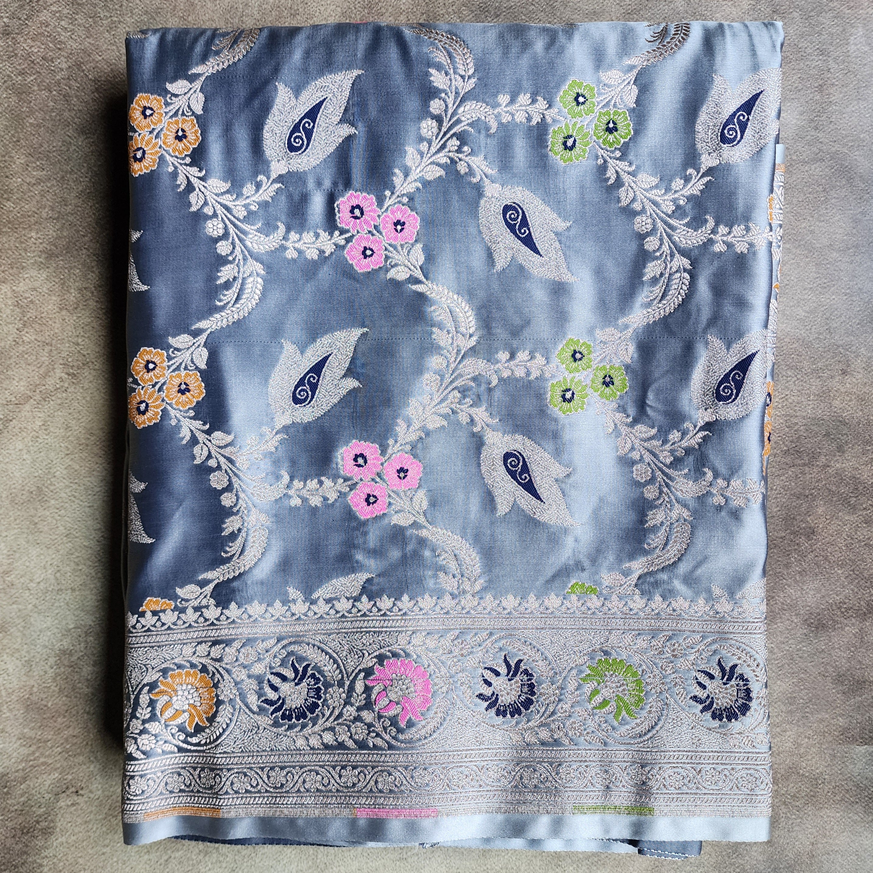 Enriched Dusky Blue Banarasi Katan Silk Saree with Multicolor Meenakari Floral Jaal