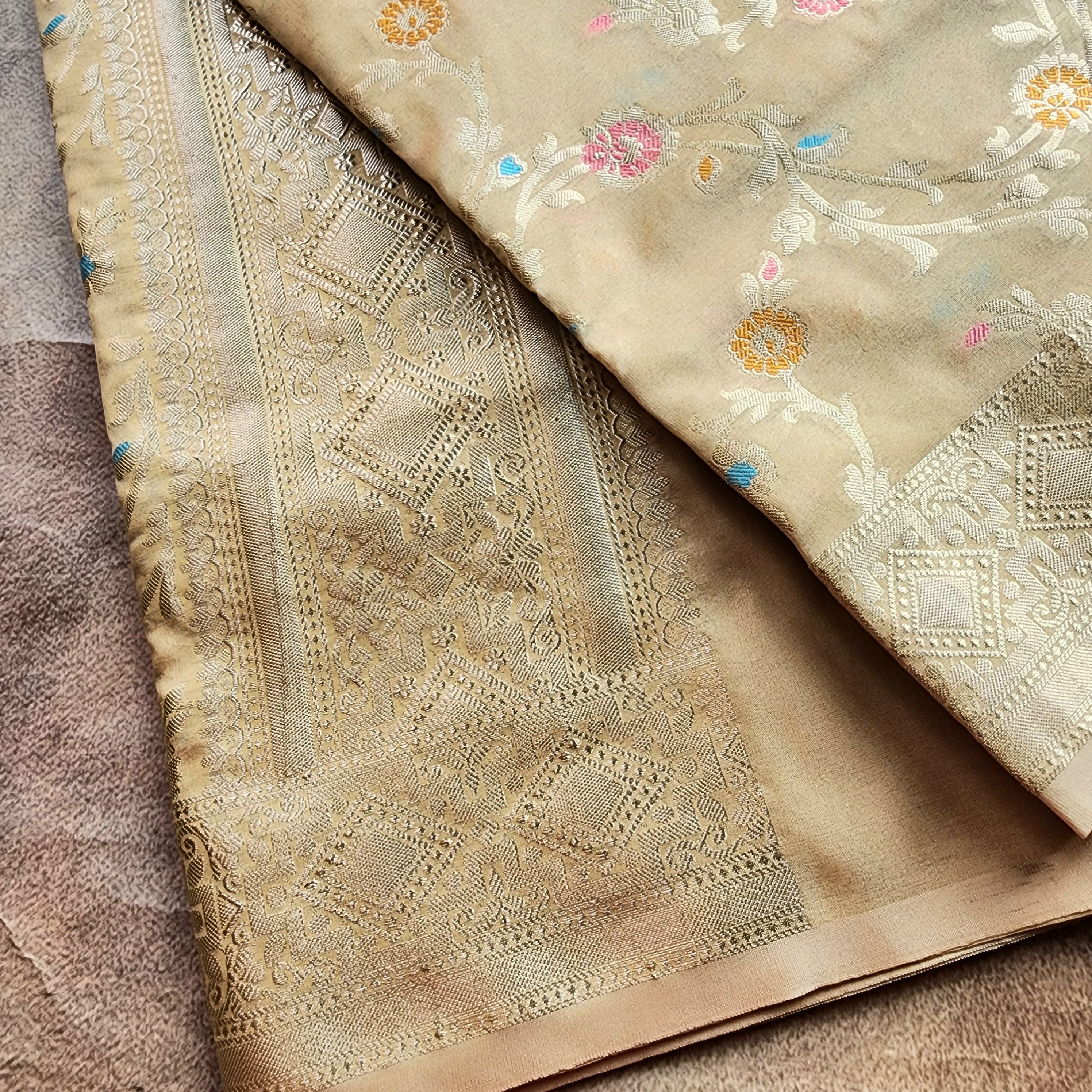 Golden Grid Banarasi Silk Dupatta with Meenakari Work in Beige