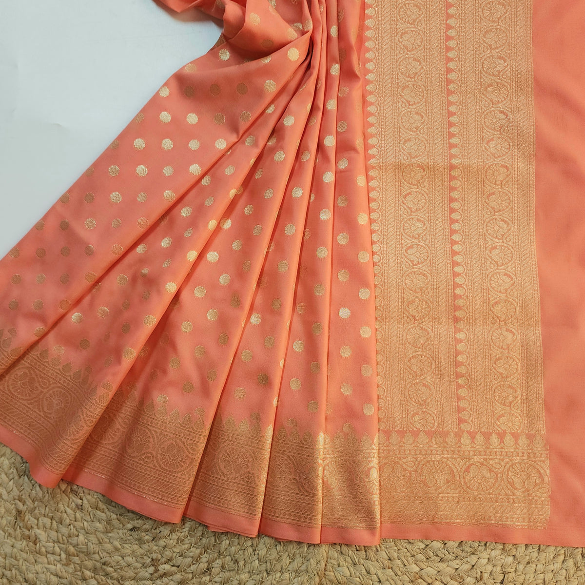 Coral Peach Banarasi Silk Dupatta with Gold Polka Dot
