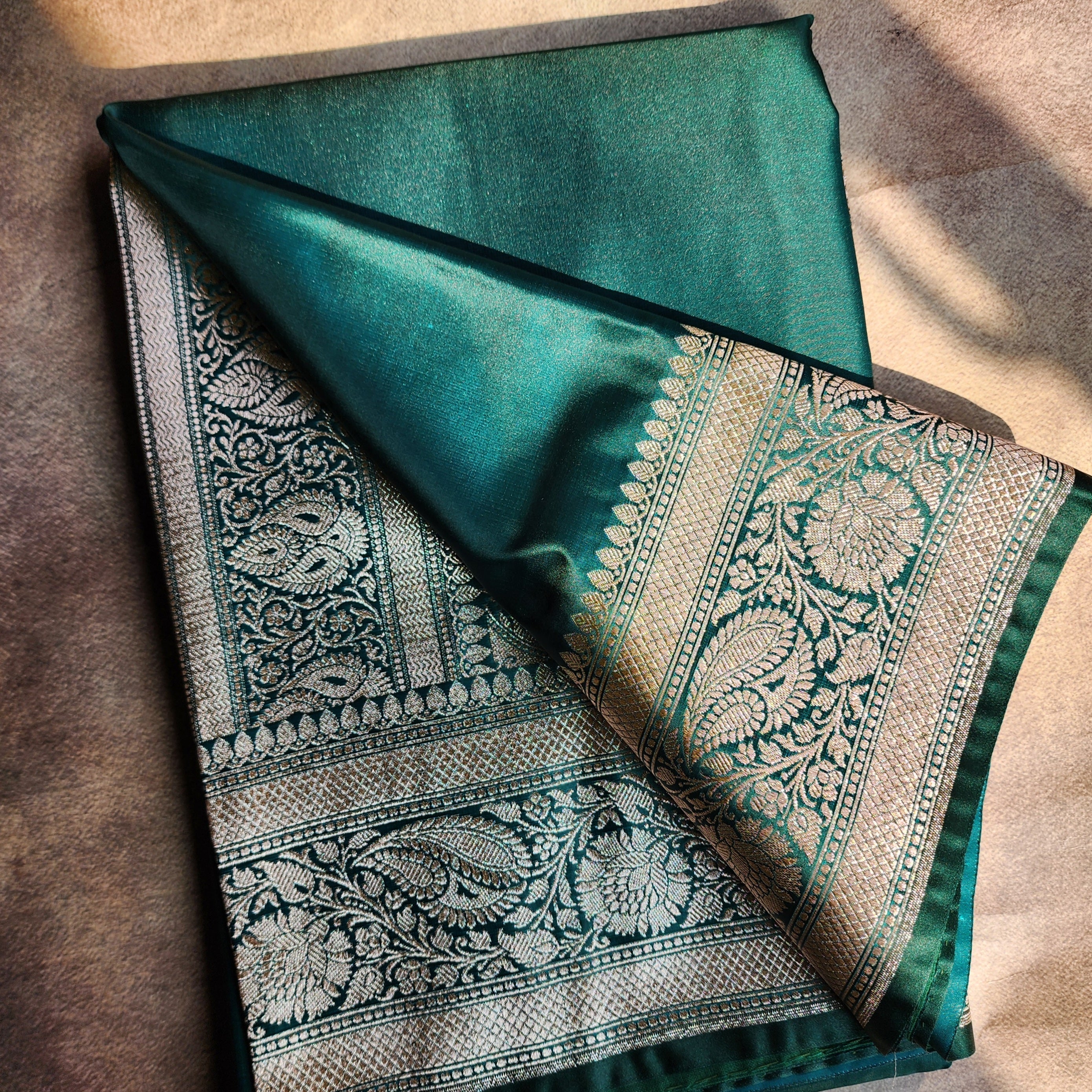 Dhoop Chhaon Teal Green Banarasi Katan Silk Saree