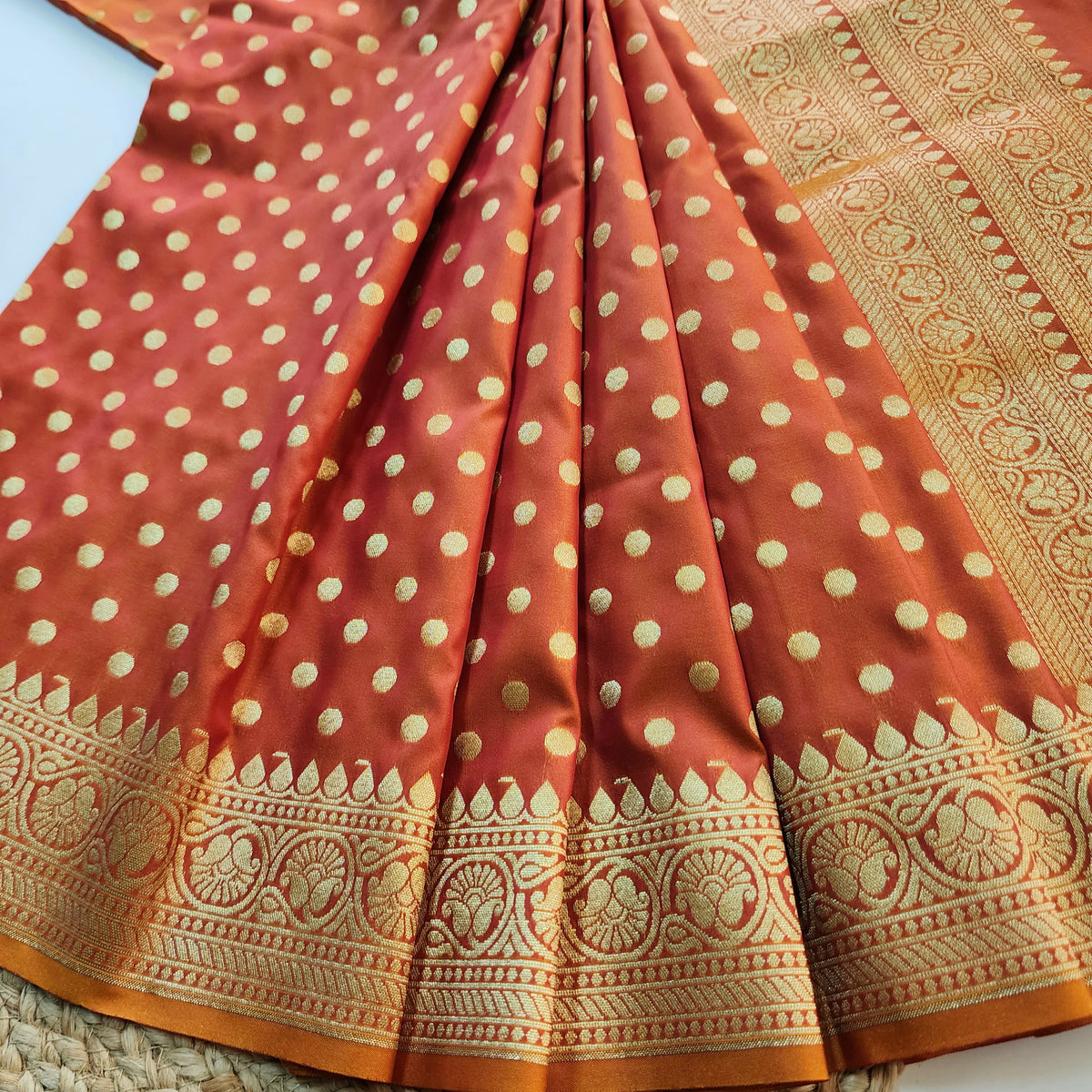 Peach Orange Banarasi Silk Dupatta with Gold Polka Dot