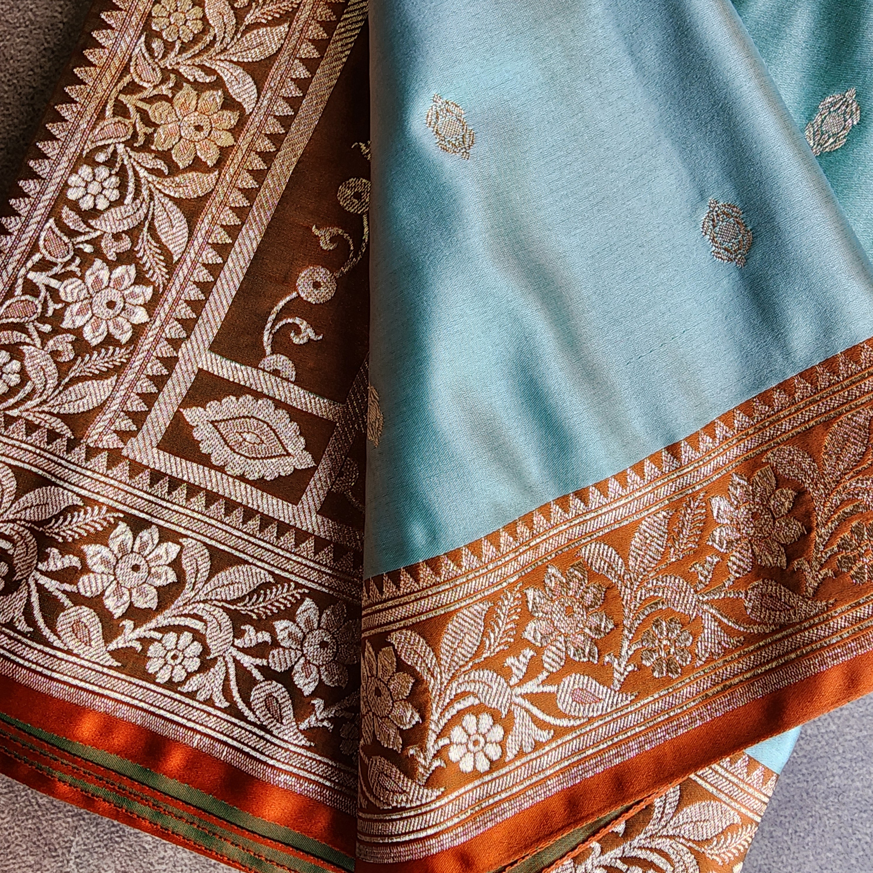 Aqua Katan Silk Saree with Rust and Gold Zari Border