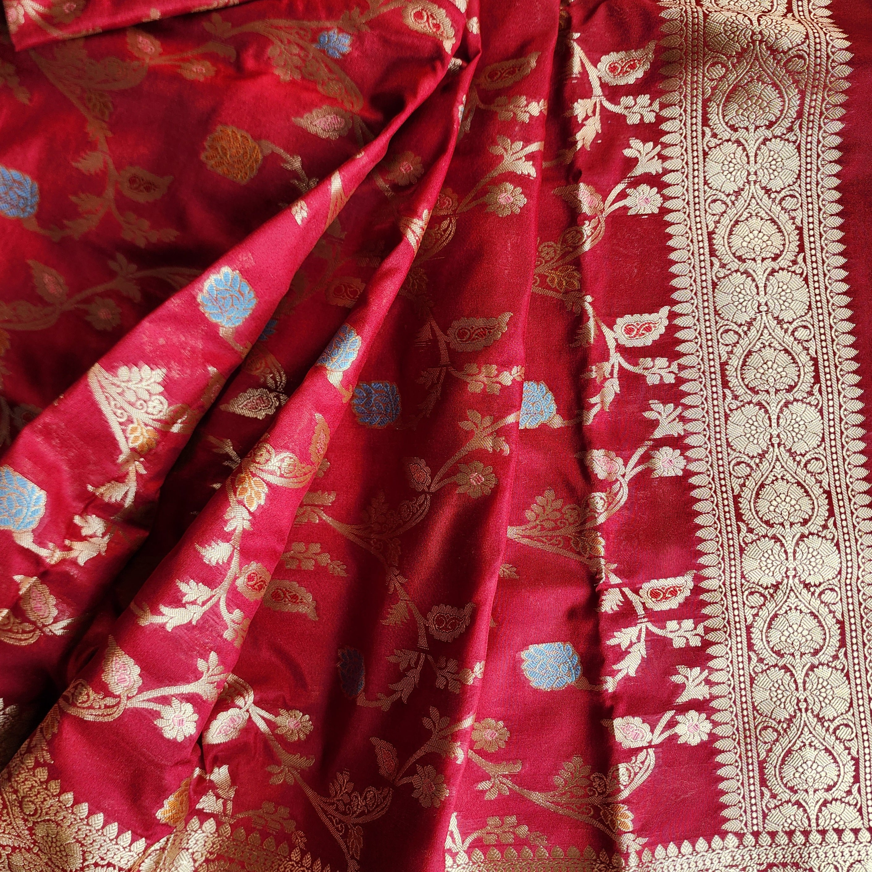 Maroon Banarasi Silk Dupatta with Gold Zari Border & Multicolor Meenakari Work