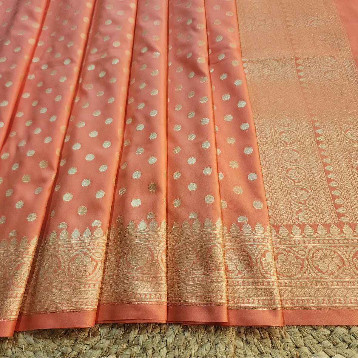 Coral Peach Banarasi Silk Dupatta with Gold Polka Dot