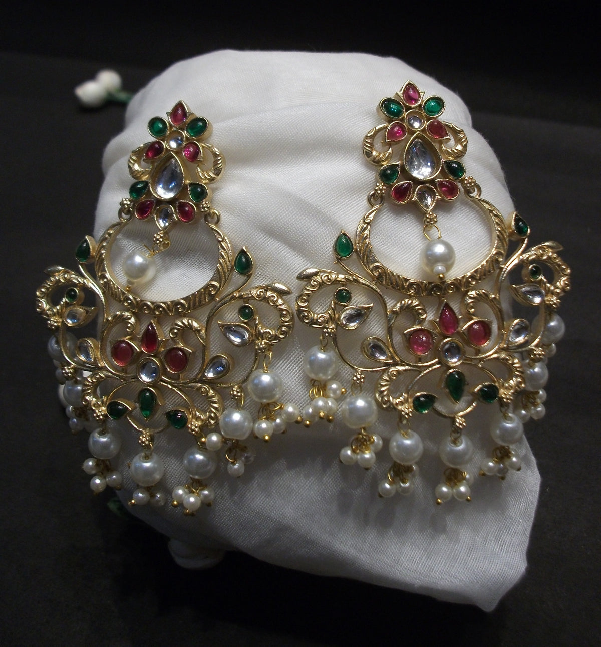 Royal Ornate Red and Green Stone Drop Earrings with Pearl Accents