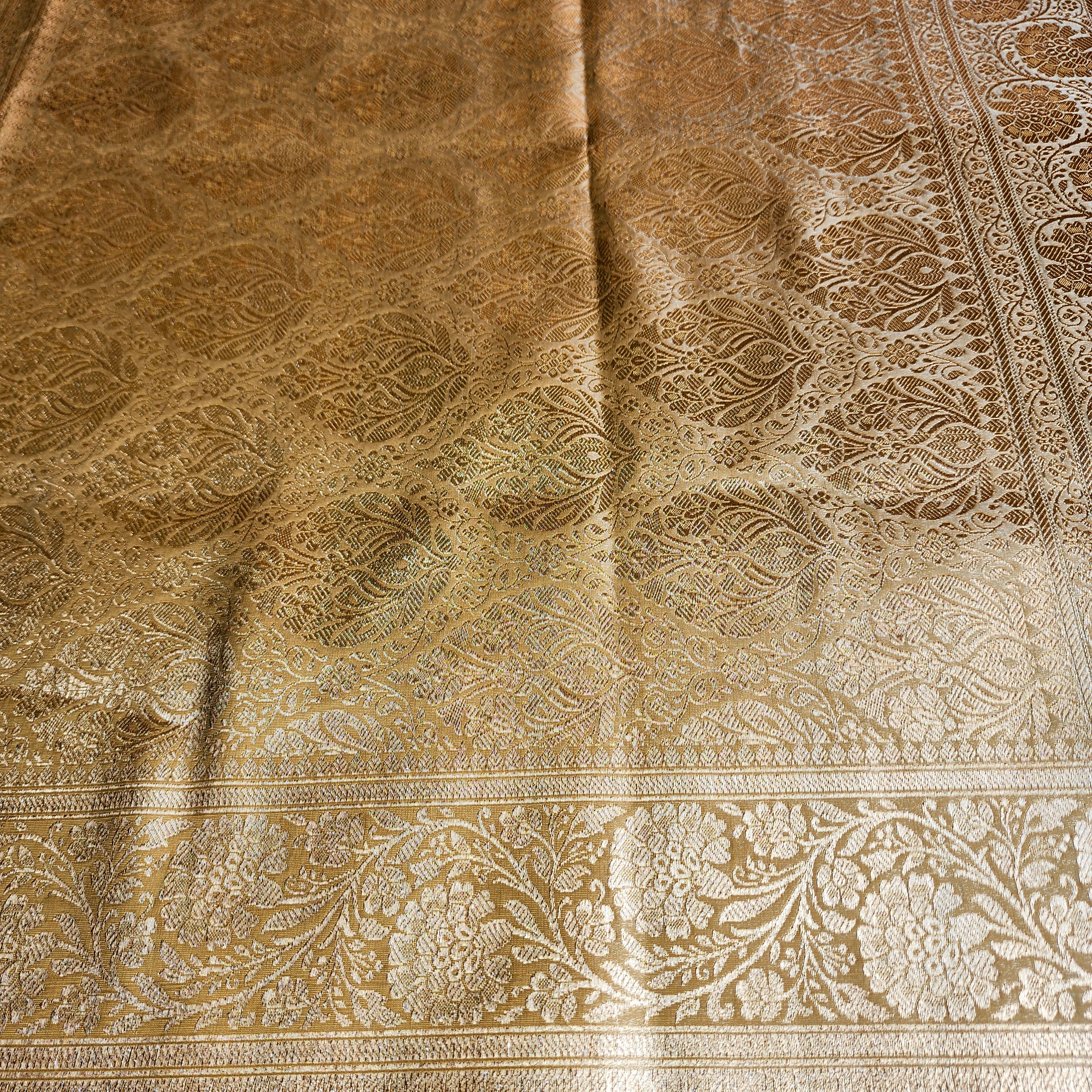 Rich Beige Gold Banarasi Silk Saree with Gold Zari Weaving
