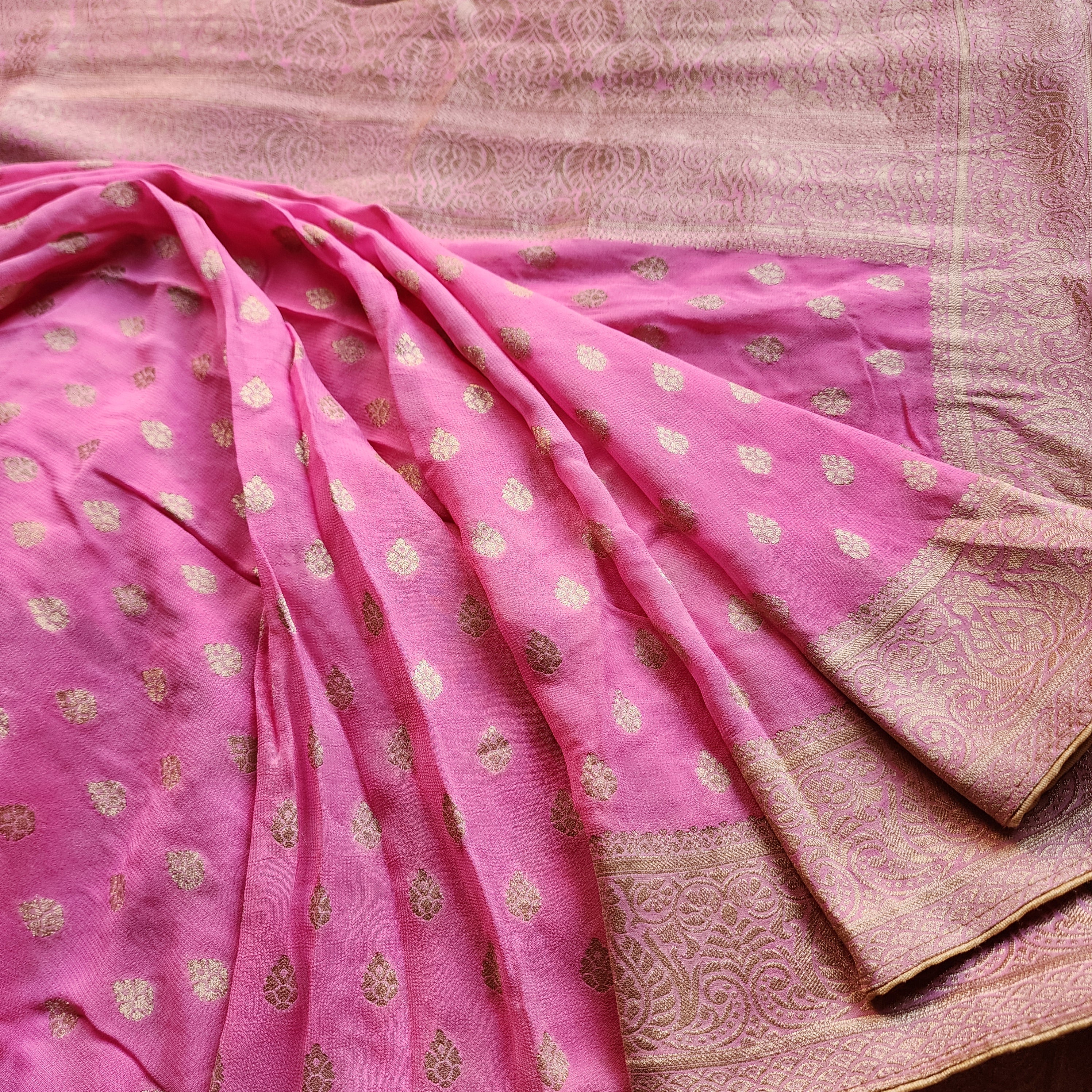 Light Pink Khaddi Georgette Pure Banarasi Saree with Golden Zari