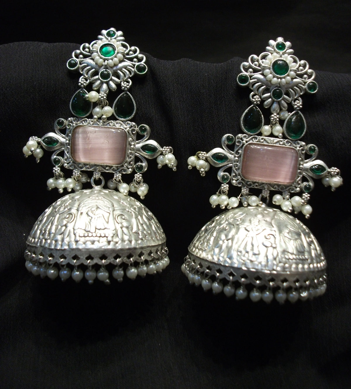 Antique Rectangular Blush Pink Cabochon Jhumka Earrings