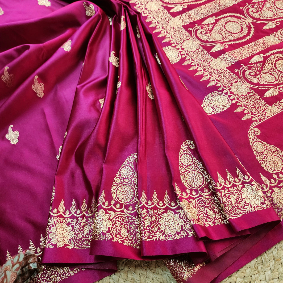 Rani Pink Paisley Katan Silk Saree with Gold Zari