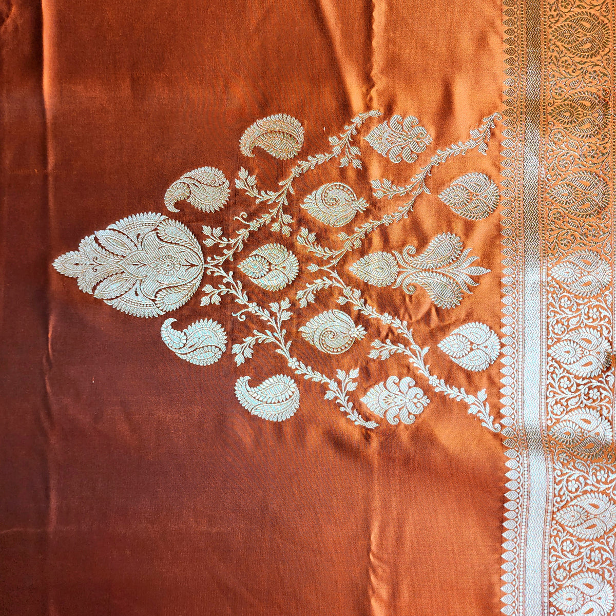 Rich Burnt Copper Pure Banarasi Katan Silk Saree with light Gold Zari Weaving