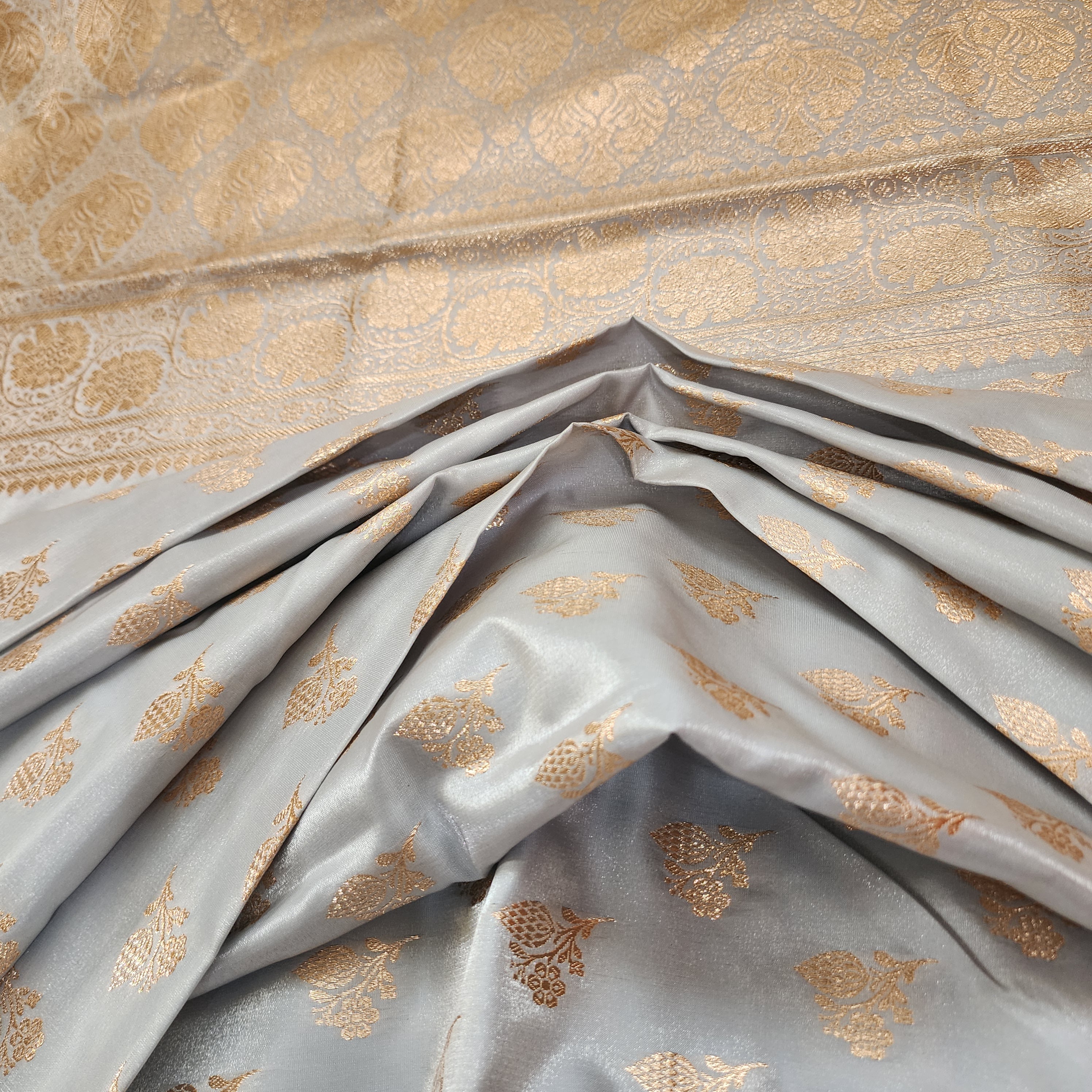 Rich Silver Grey Banarasi Silk Saree with Gold Zari Weaving