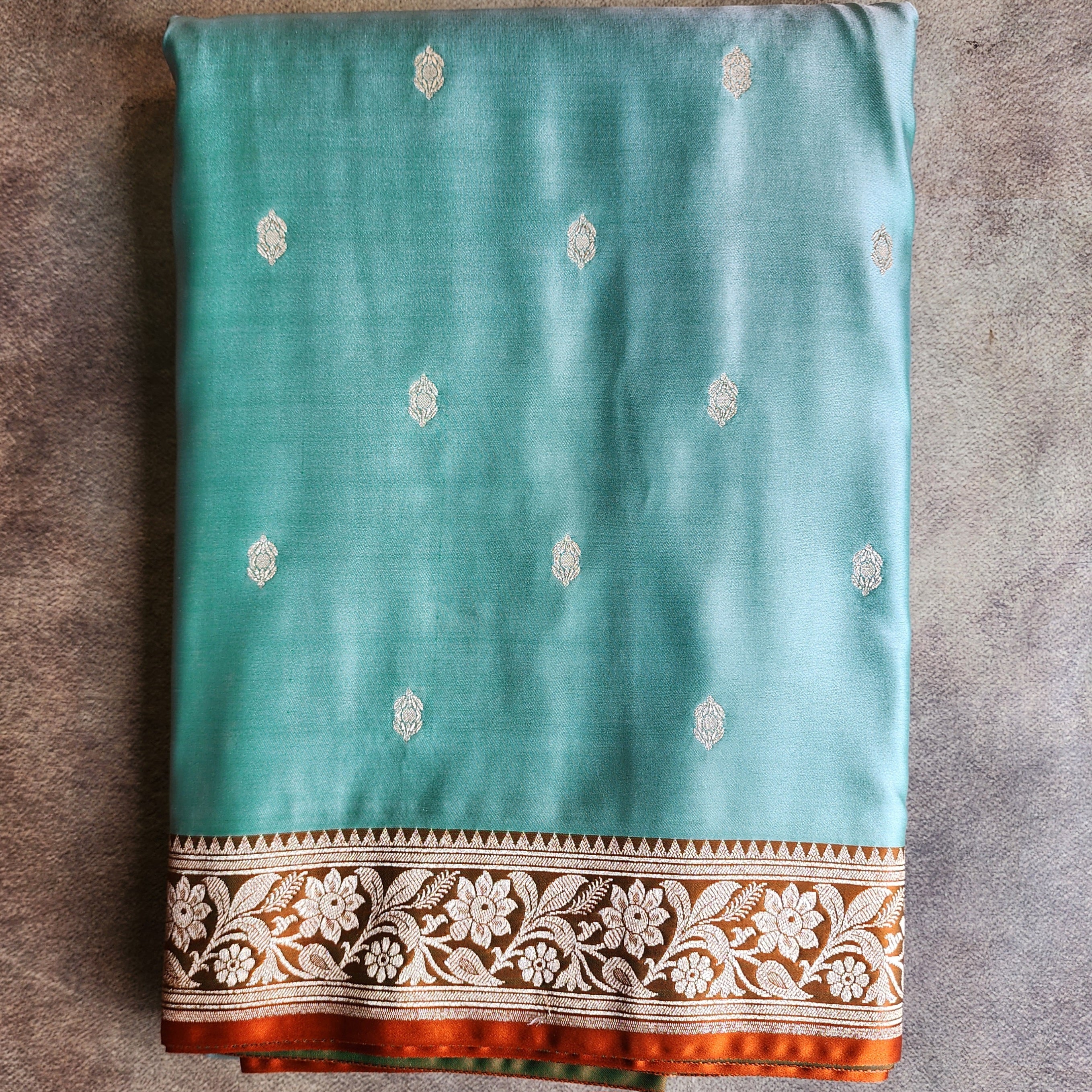 Aqua Katan Silk Saree with Rust and Gold Zari Border