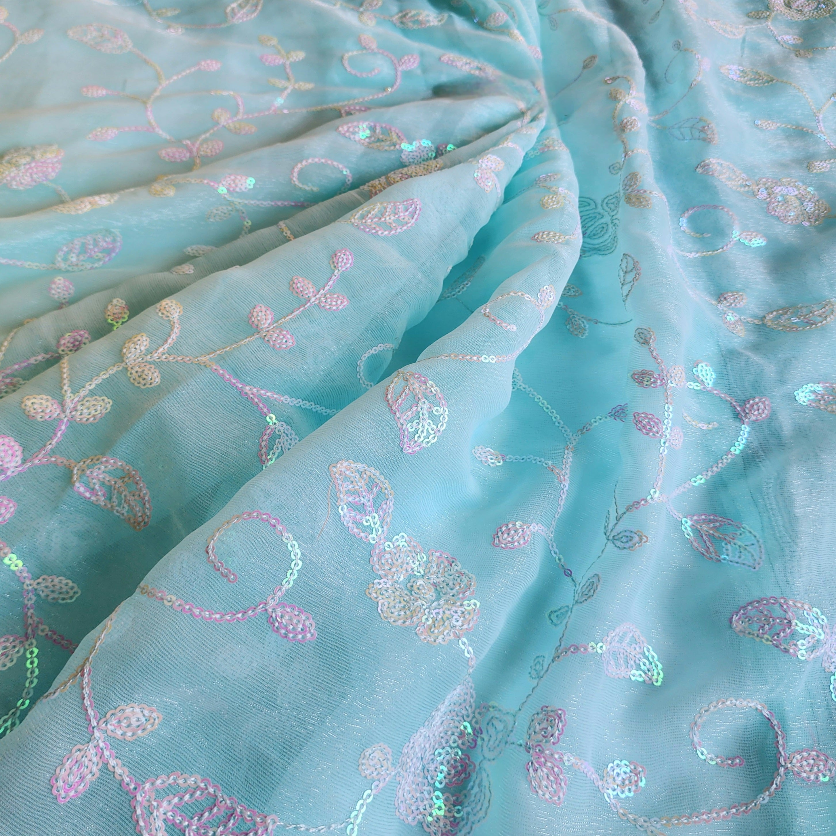 Georgette Designer Sequinned Saree - Mint Aqua