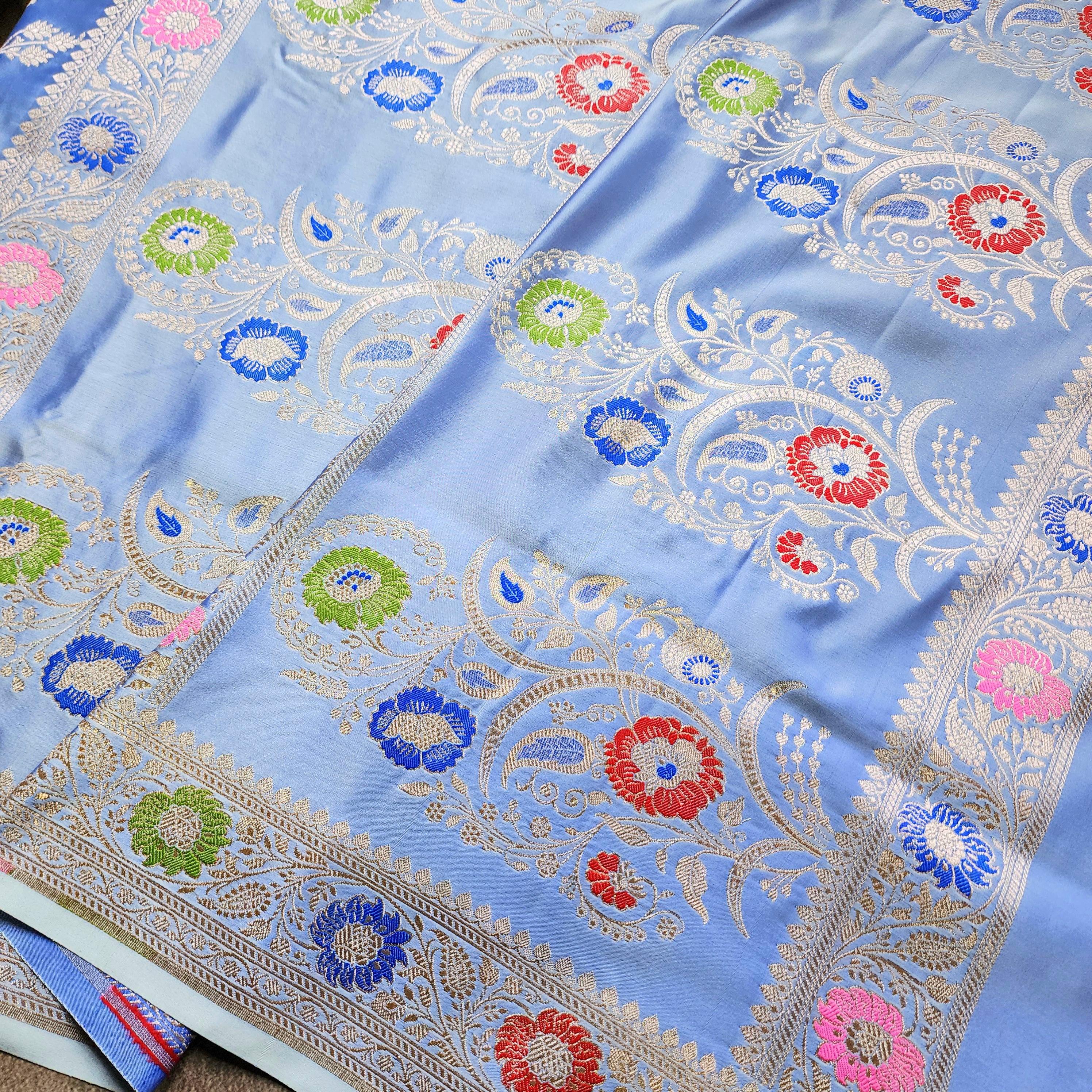 Enriched Banarasi Katan Silk Saree | Sky Blue Multicolor Meenakari Floral Jaal