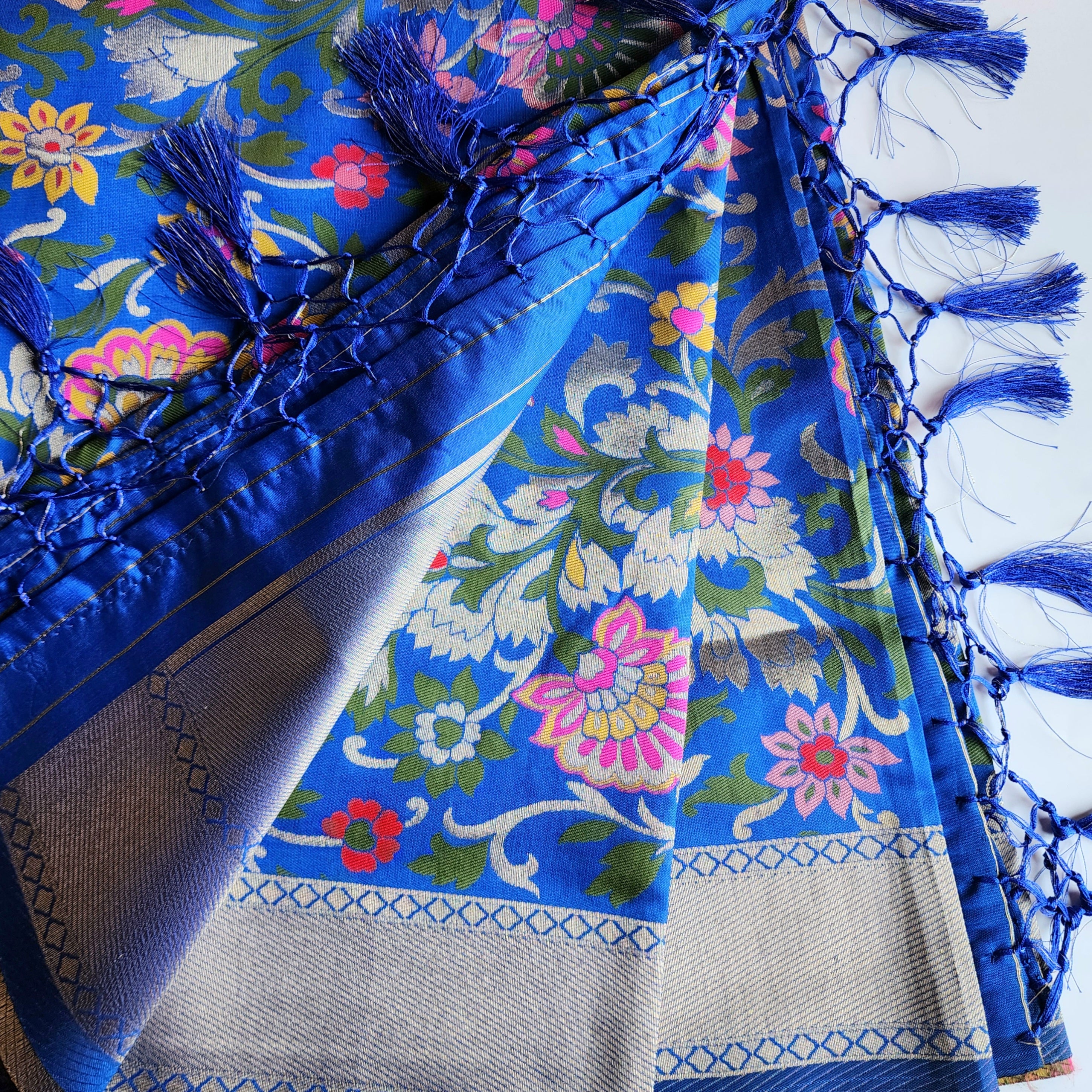 Banarasi Silk Royal Blue Dupatta with Multicolor & Gold Floral Handweaving