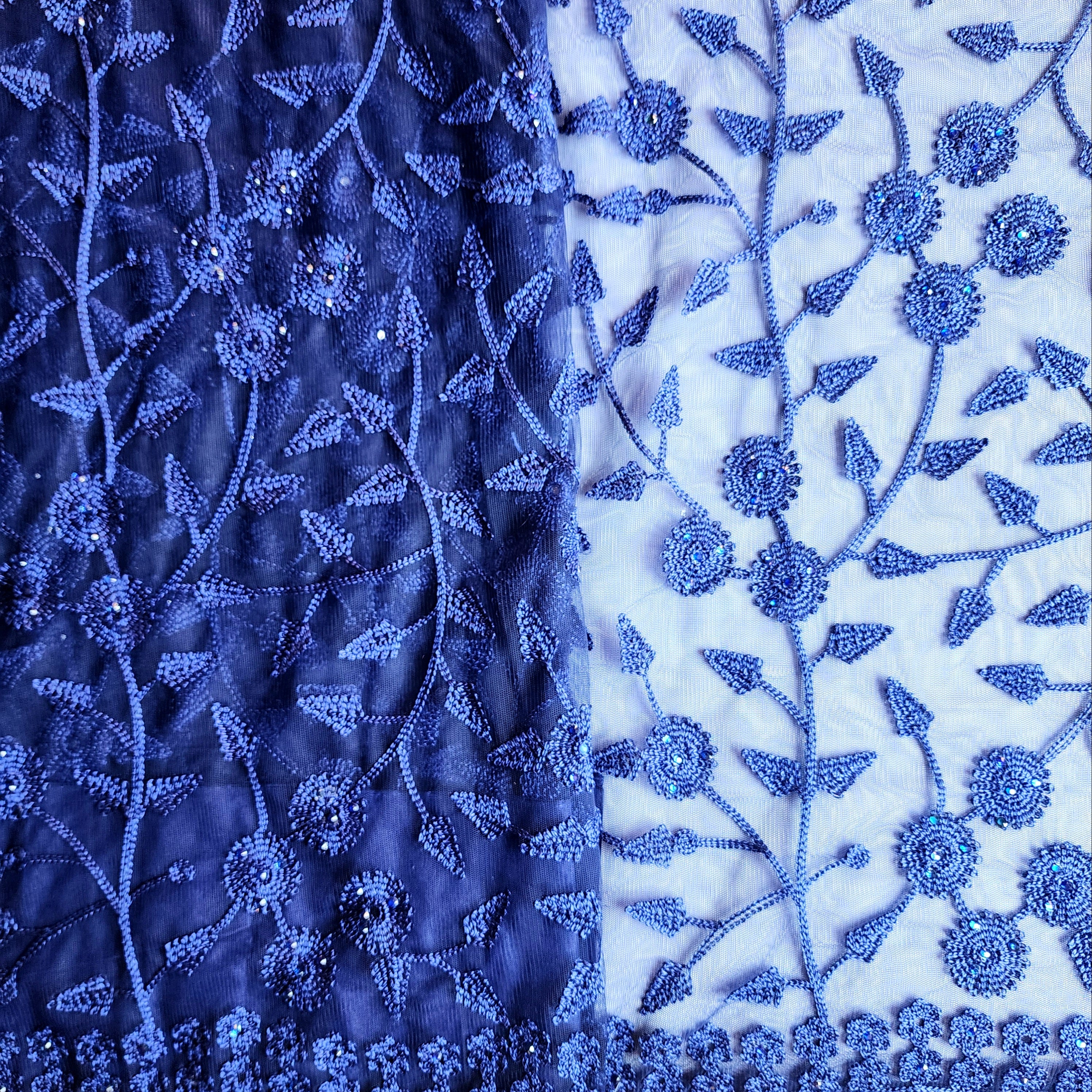 Embroidered Net Designer Saree in Dark Blue