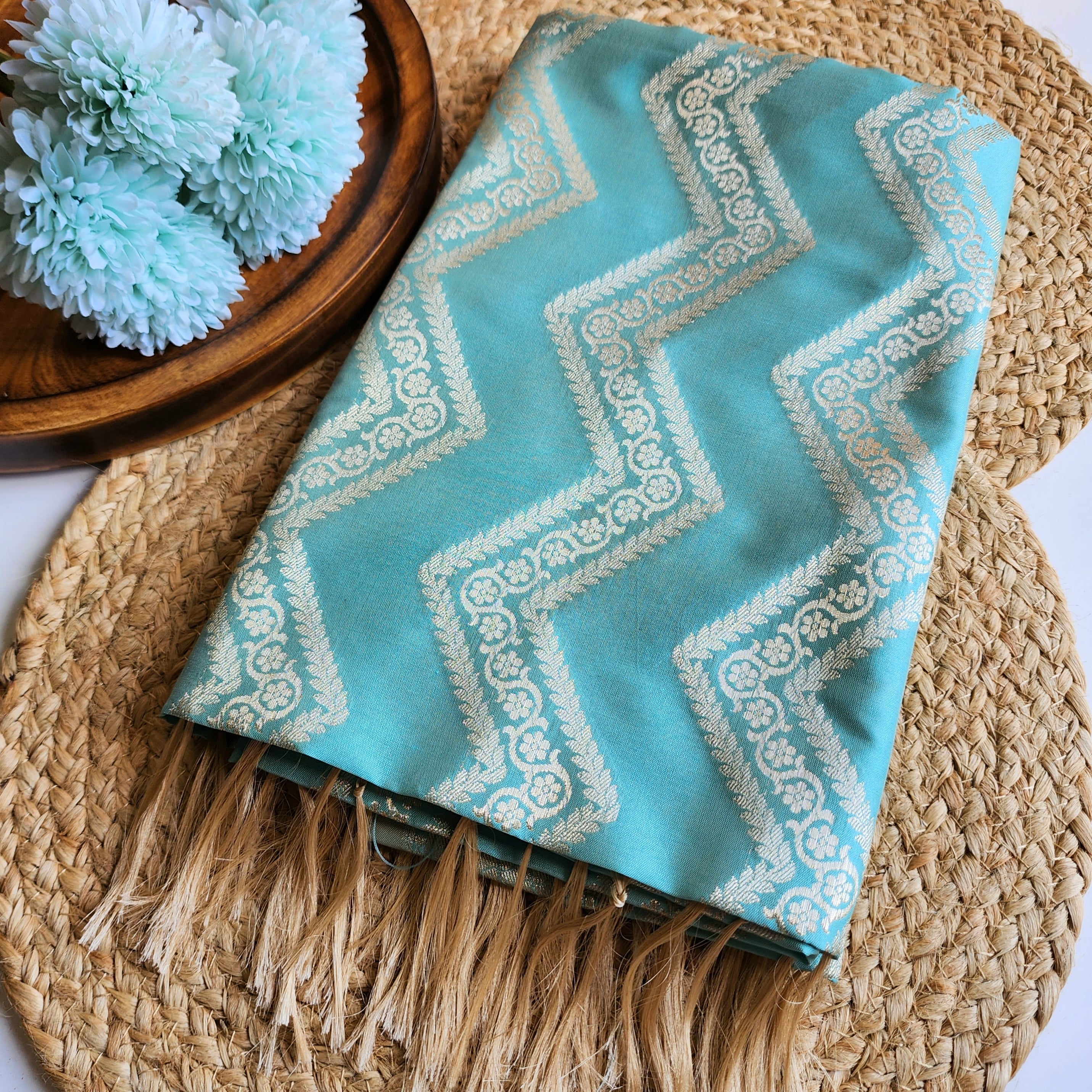 Robin Egg Blue Banarasi Dupatta with Golden Zigzag Pattern
