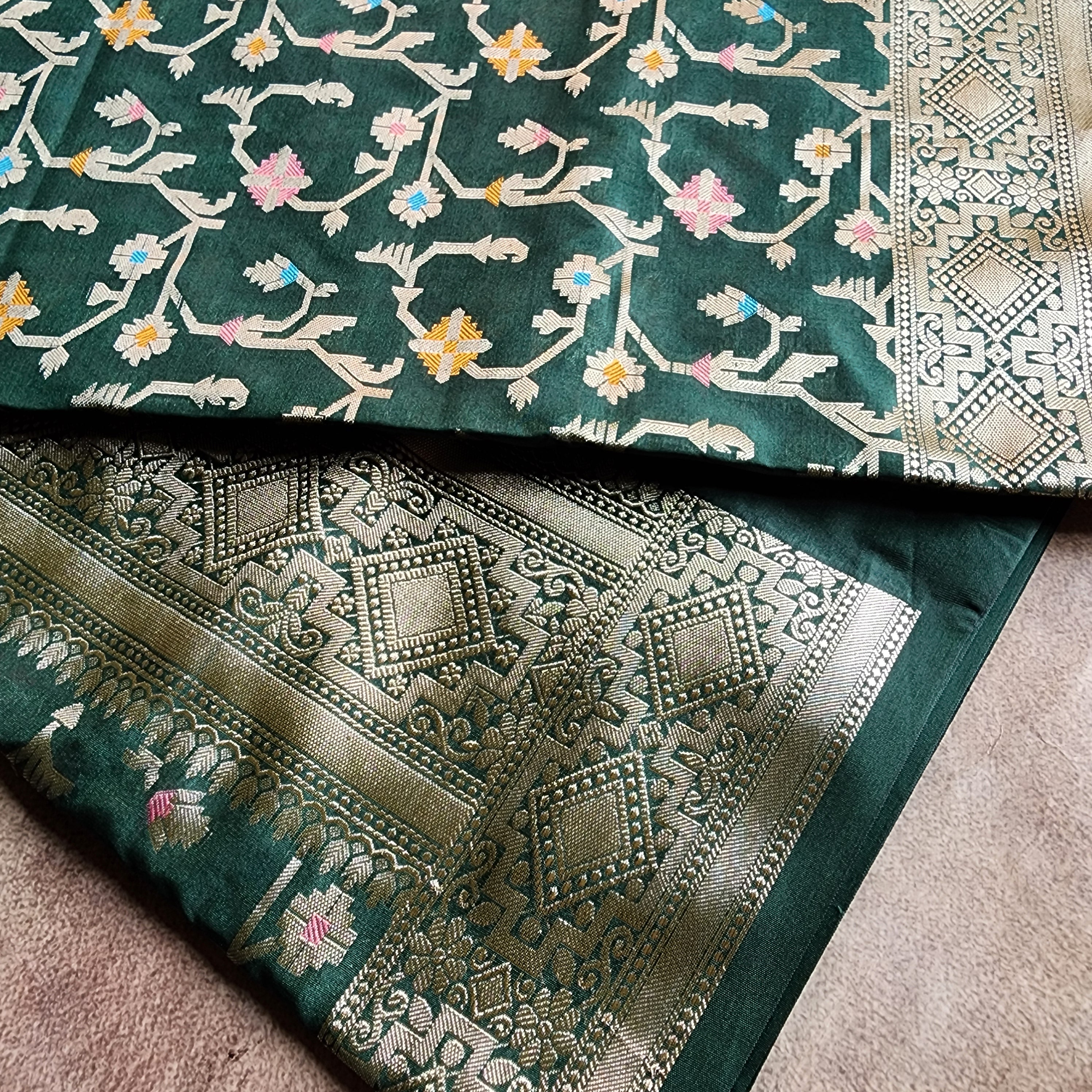 Golden Grid Banarasi Silk Dupatta with Meenakari Work in Dark Bottle Green