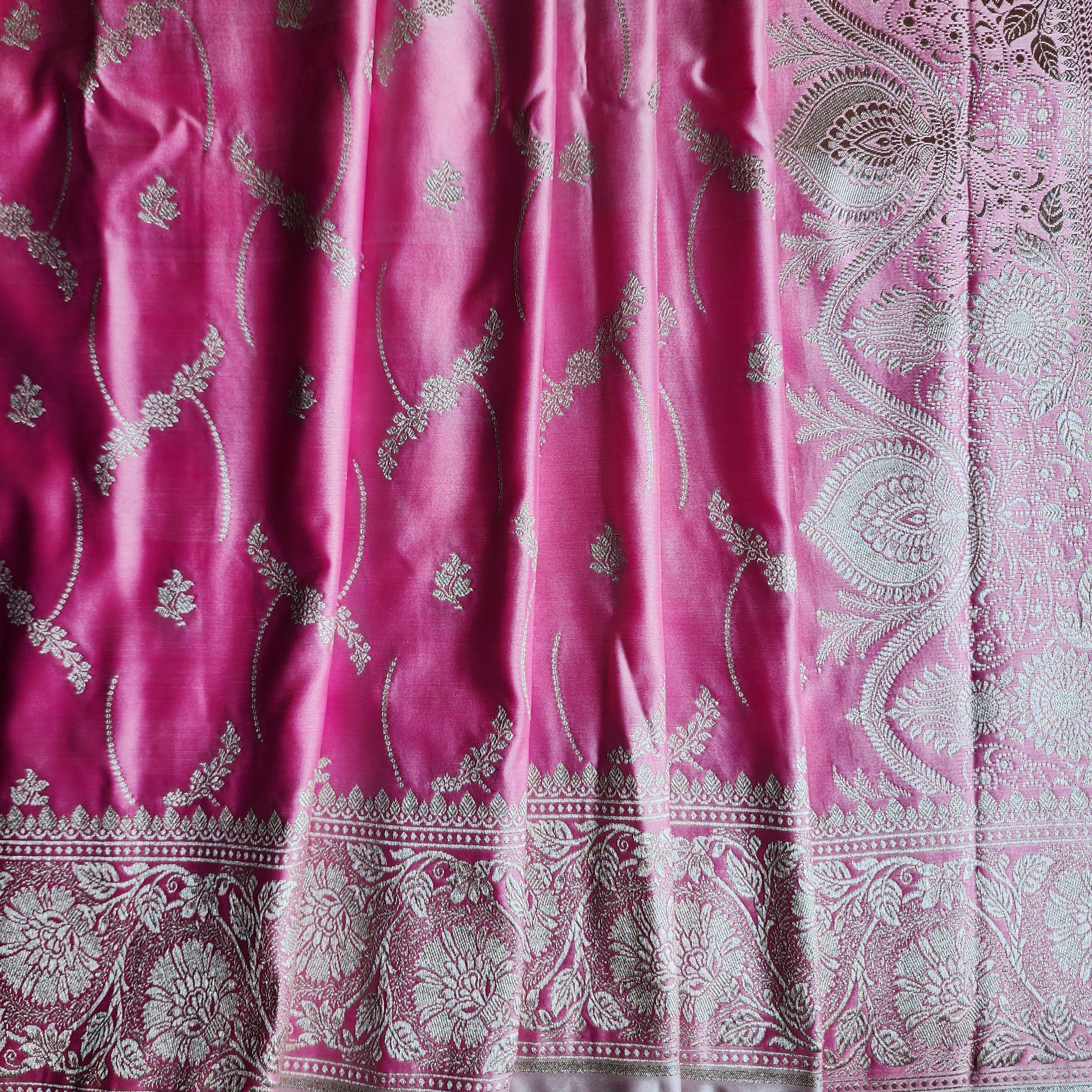 Pastel Candy Pink Banarasi Katan Silk Saree with Light Gold Zari weaving