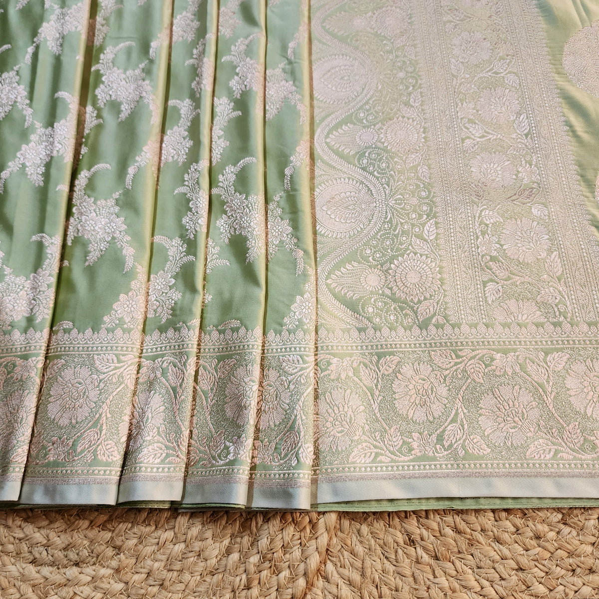 Olive Green Banarasi Katan Silk Saree with Floral Vine Jaal