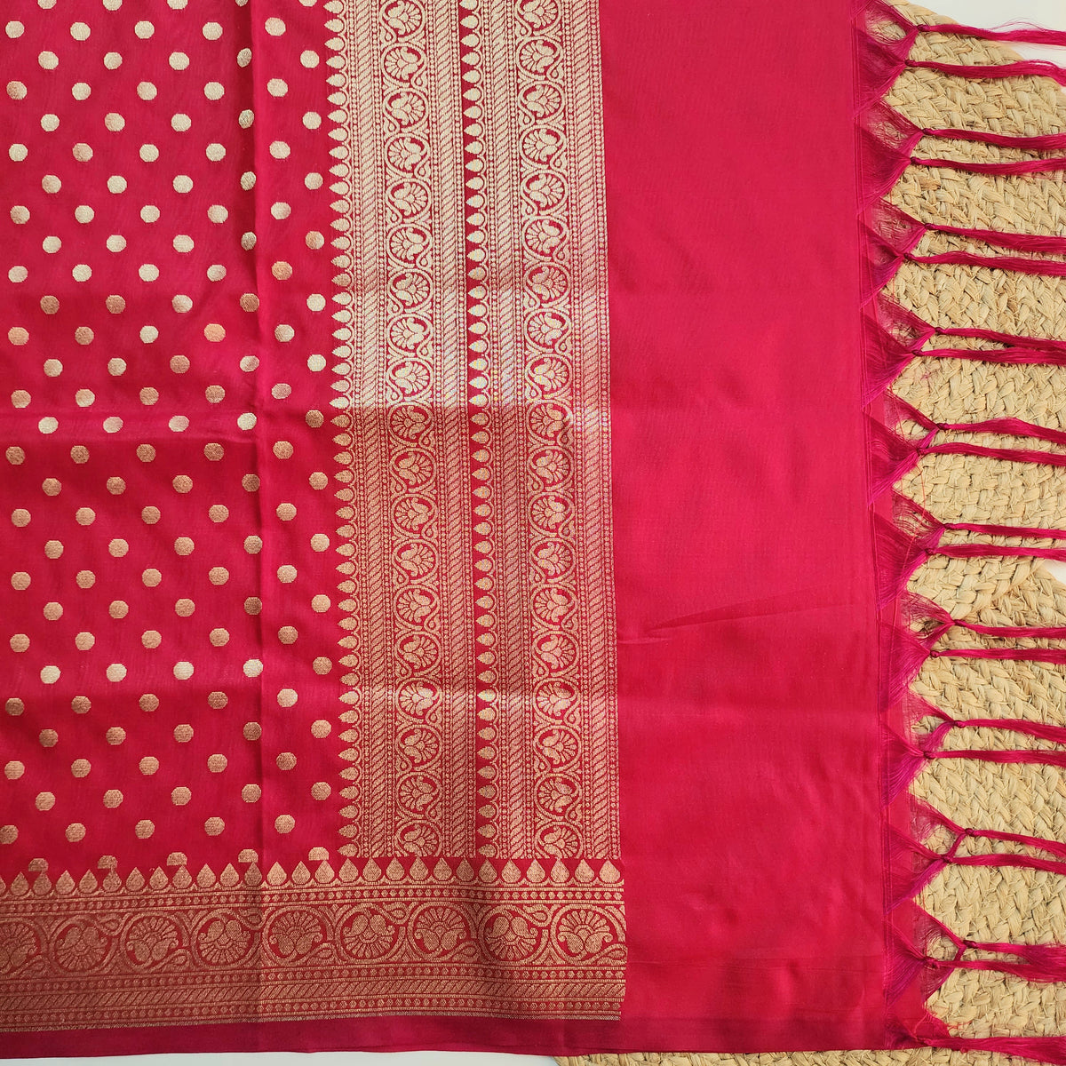 Fuchsia Banarasi Silk Dupatta with Gold Polka Dot