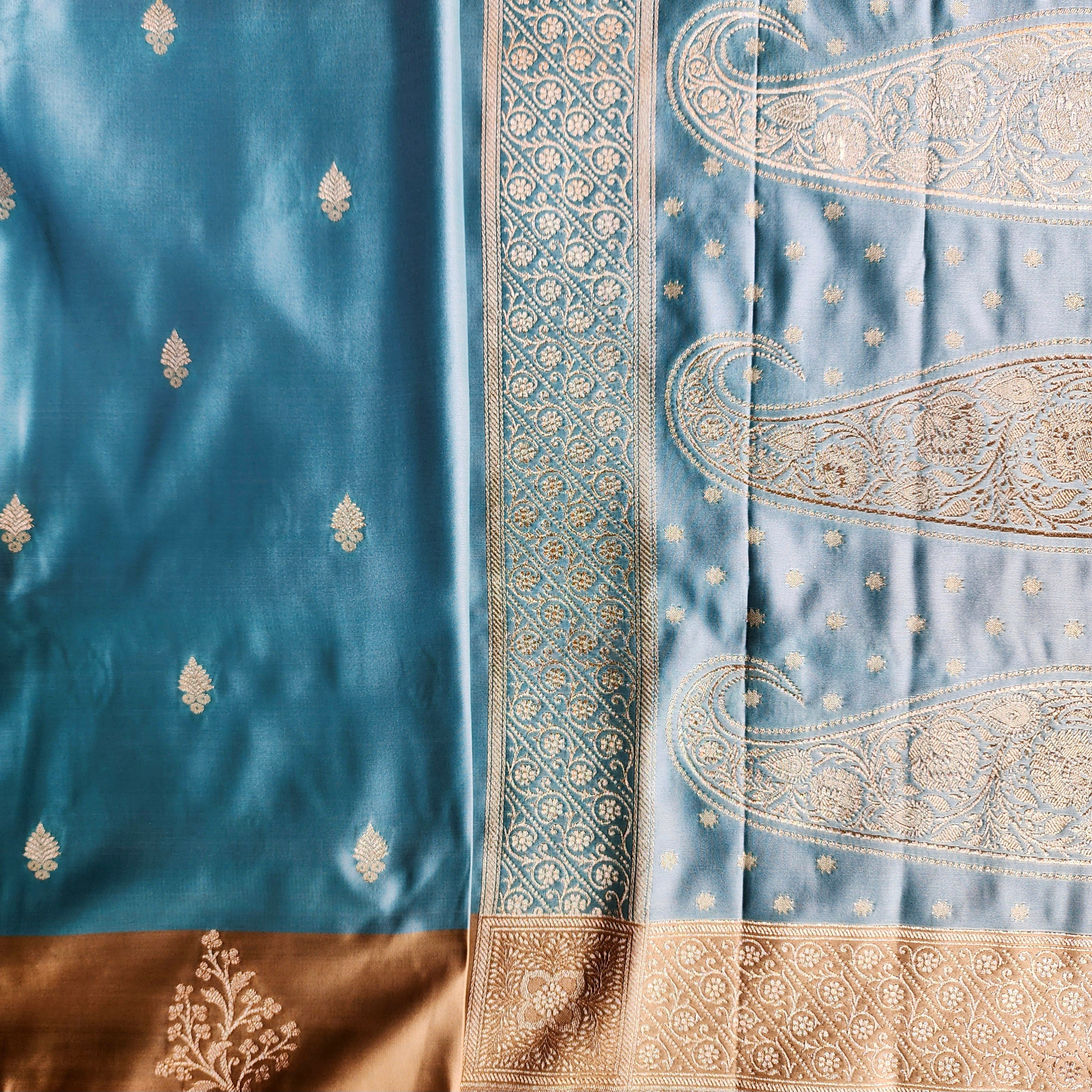 Blue Katan Silk Saree with Beige Gold Zari Border