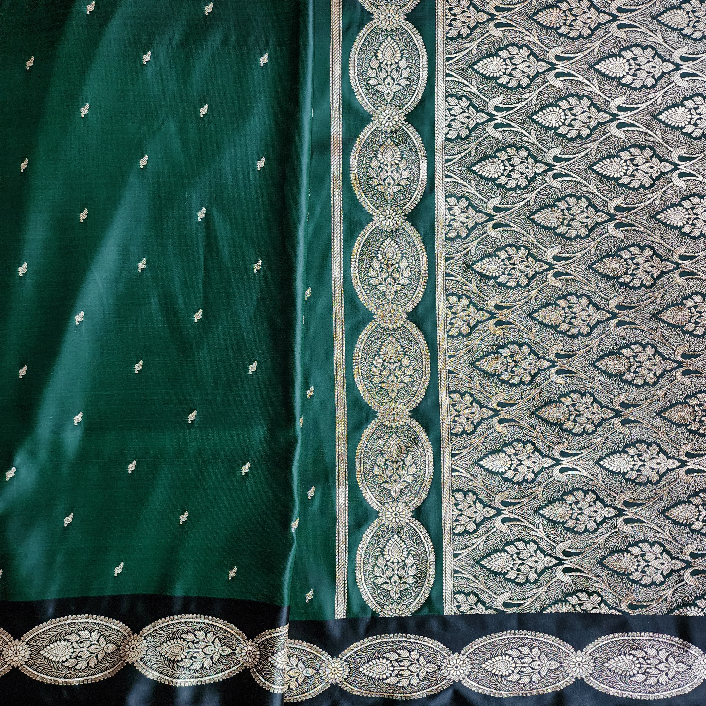 Bottle Green Banarasi Katan Silk Saree with Gold Zari Weaving