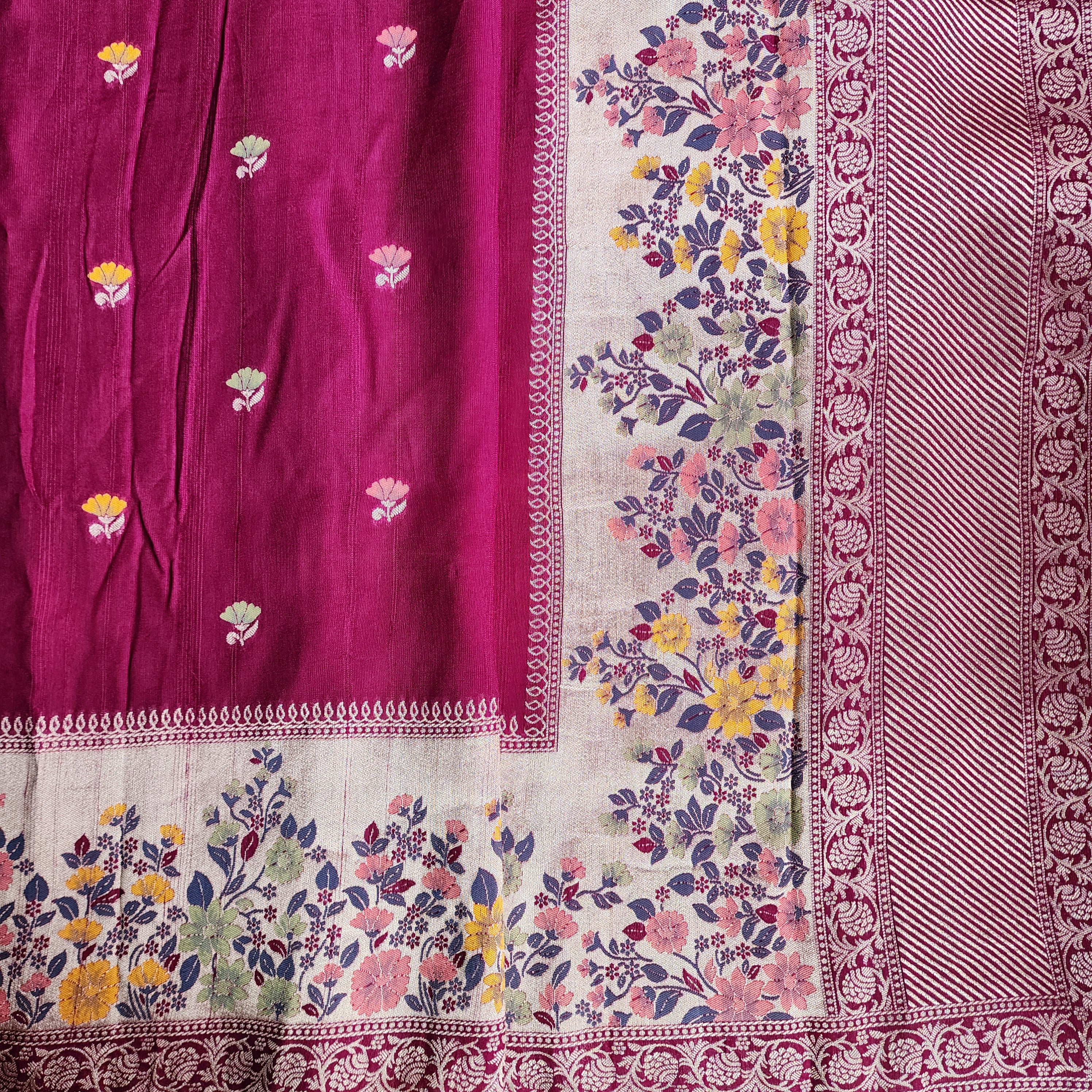 Soft Wine Raw Silk Saree With Pastel Floral Weaving and Off White Border
