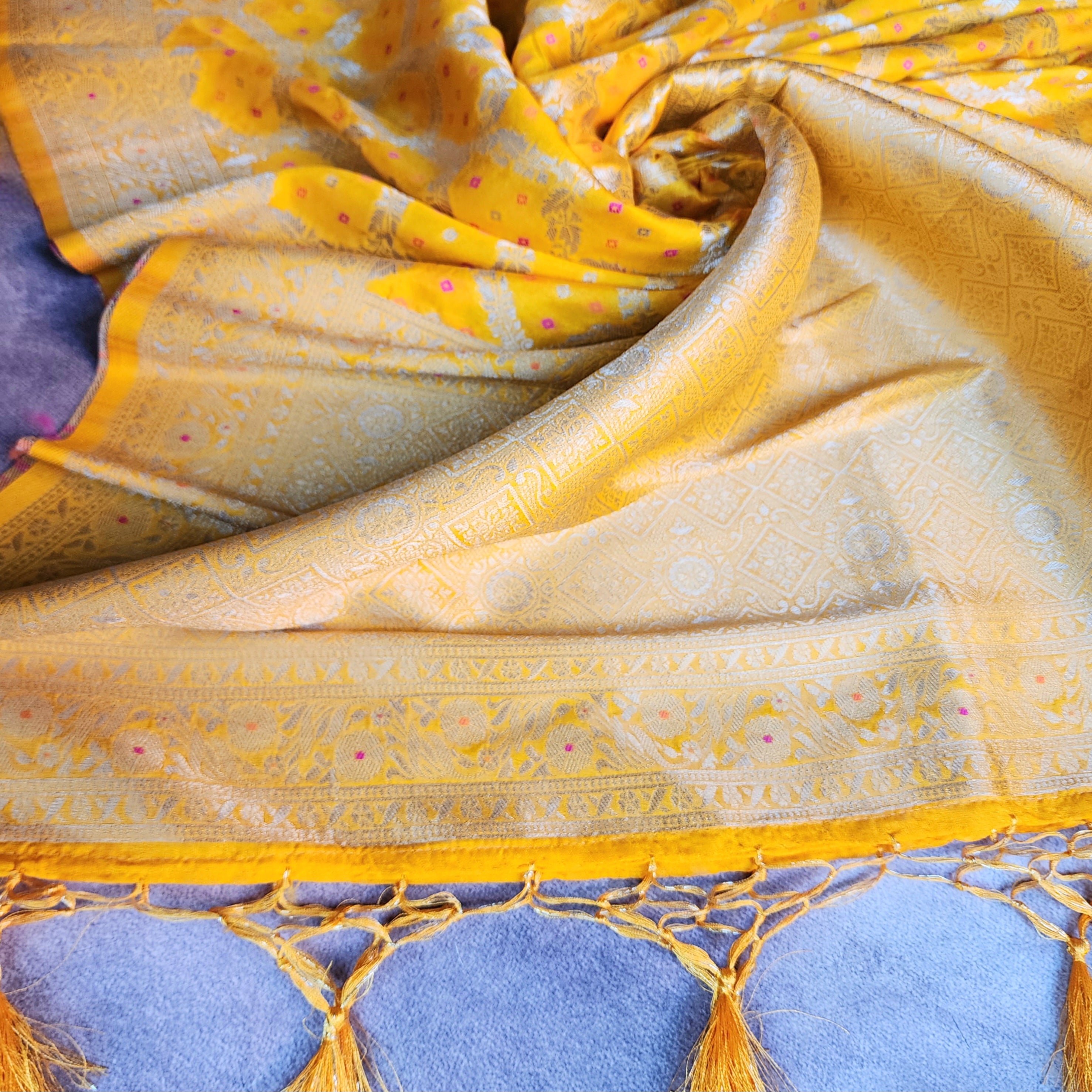 Mustard Yellow Bandhani Dupatta with Traditional Jaal