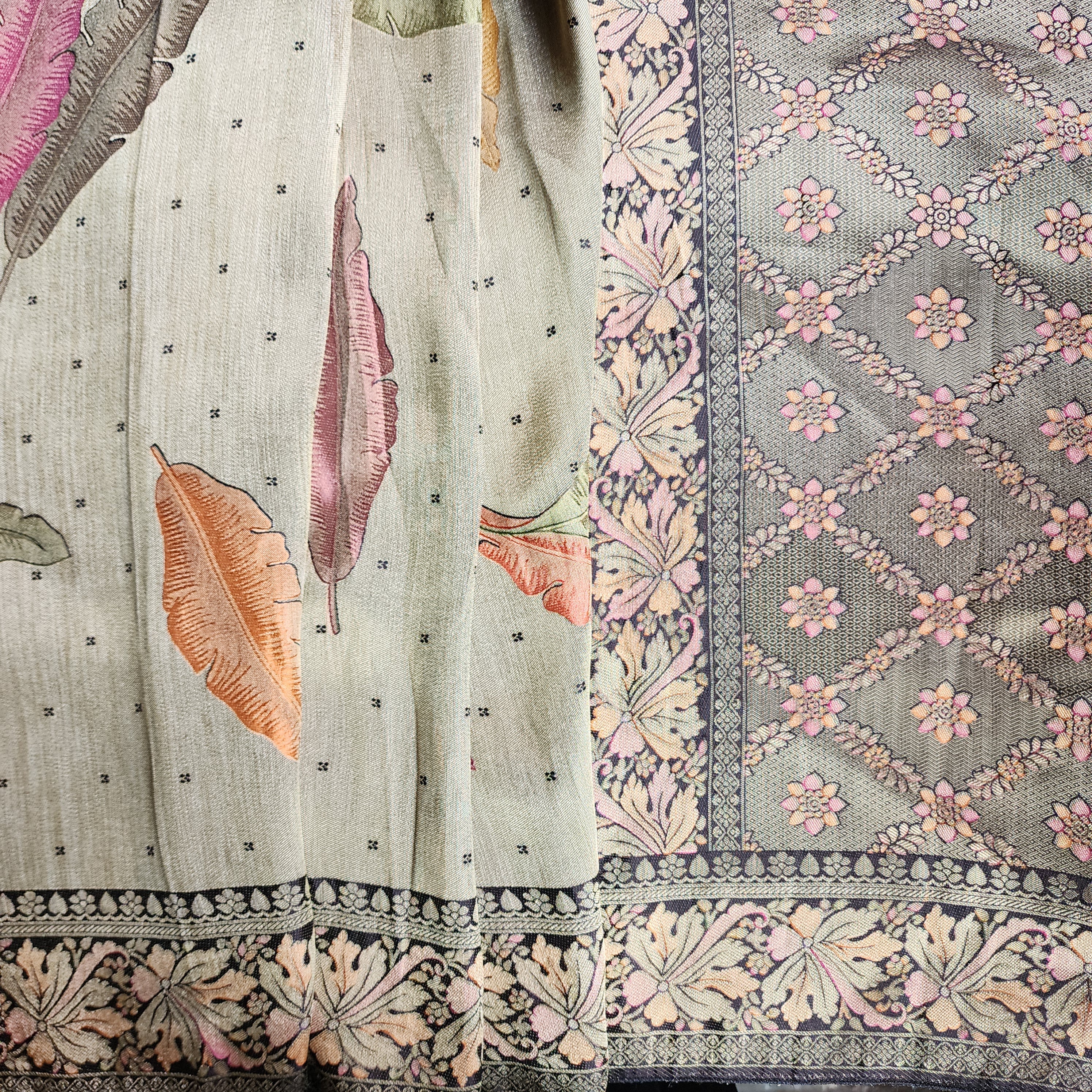 Dove Grey Tissue Silk Saree with Artistic Leaf Motifs