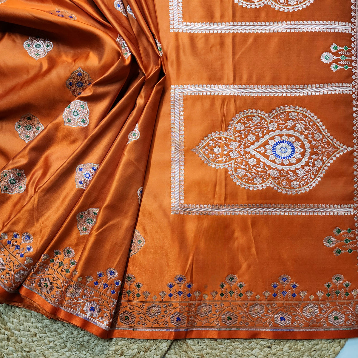 Orange Banarasi Katan Silk Saree with Multicolor Meenakari
