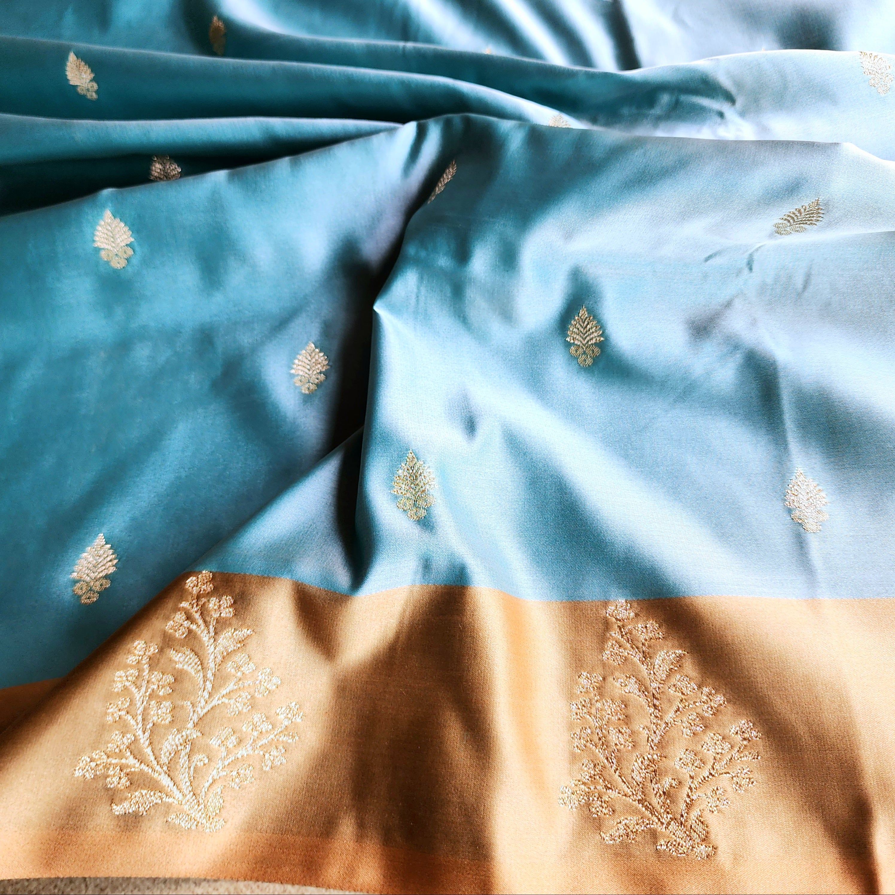 Blue Katan Silk Saree with Beige Gold Zari Border