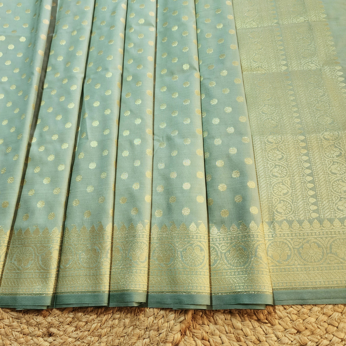 Aqua Blue Banarasi Silk Dupatta with Gold Polka Dot