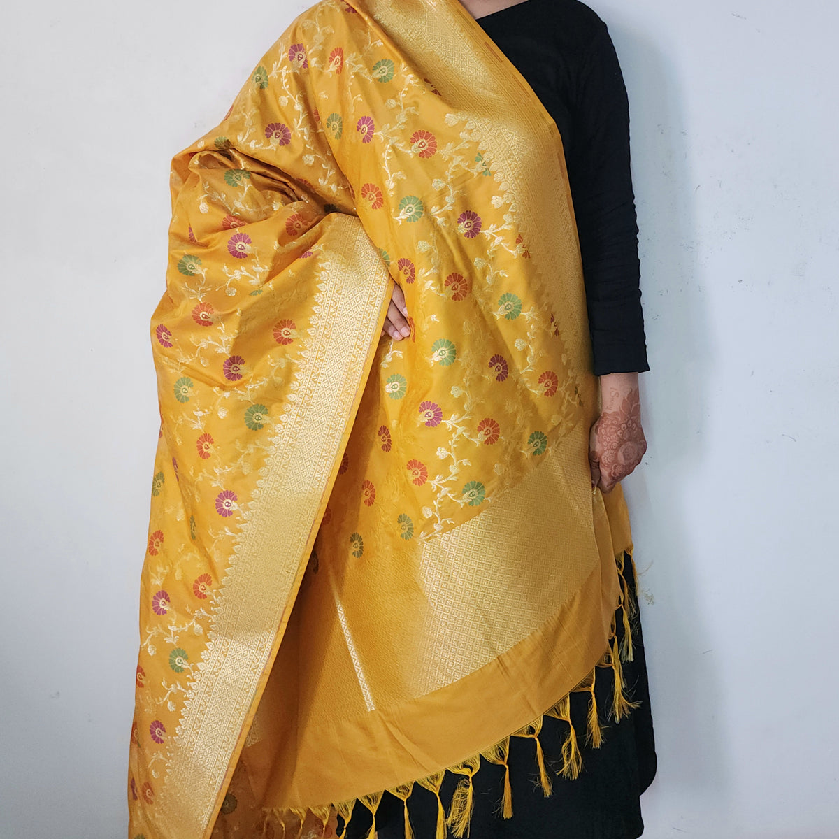Banarasi Silk Floral Jaal Dupatta - Mustard Gold