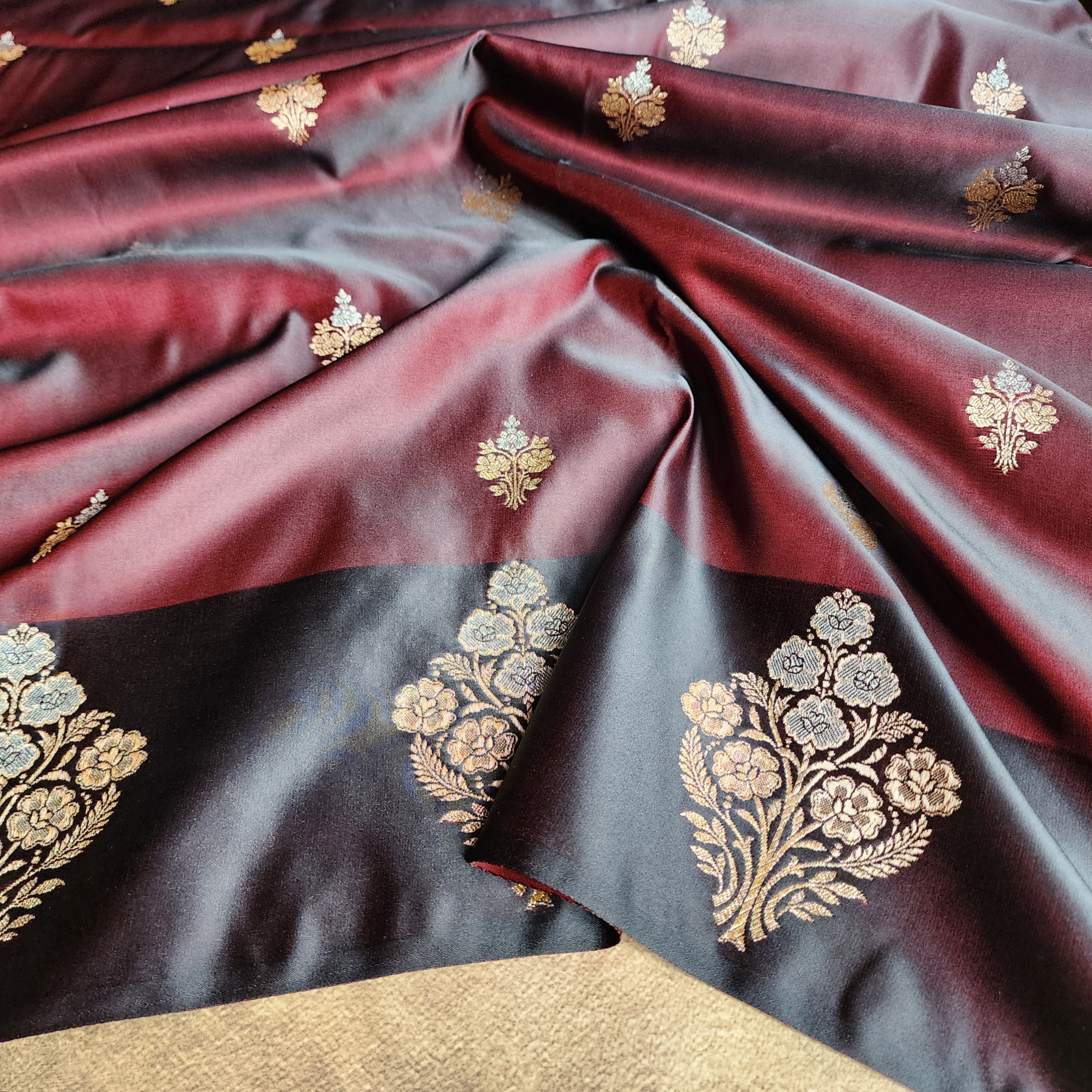 Dual-Tone Maroon Pure Banarasi Katan Silk Saree