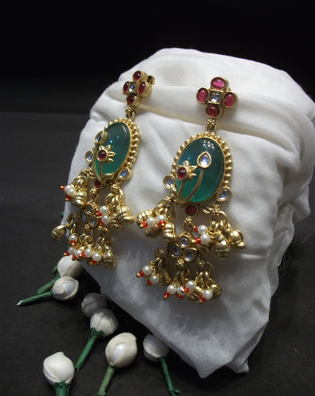 Antique Gold Oval Green Cabochon Statement Earrings
